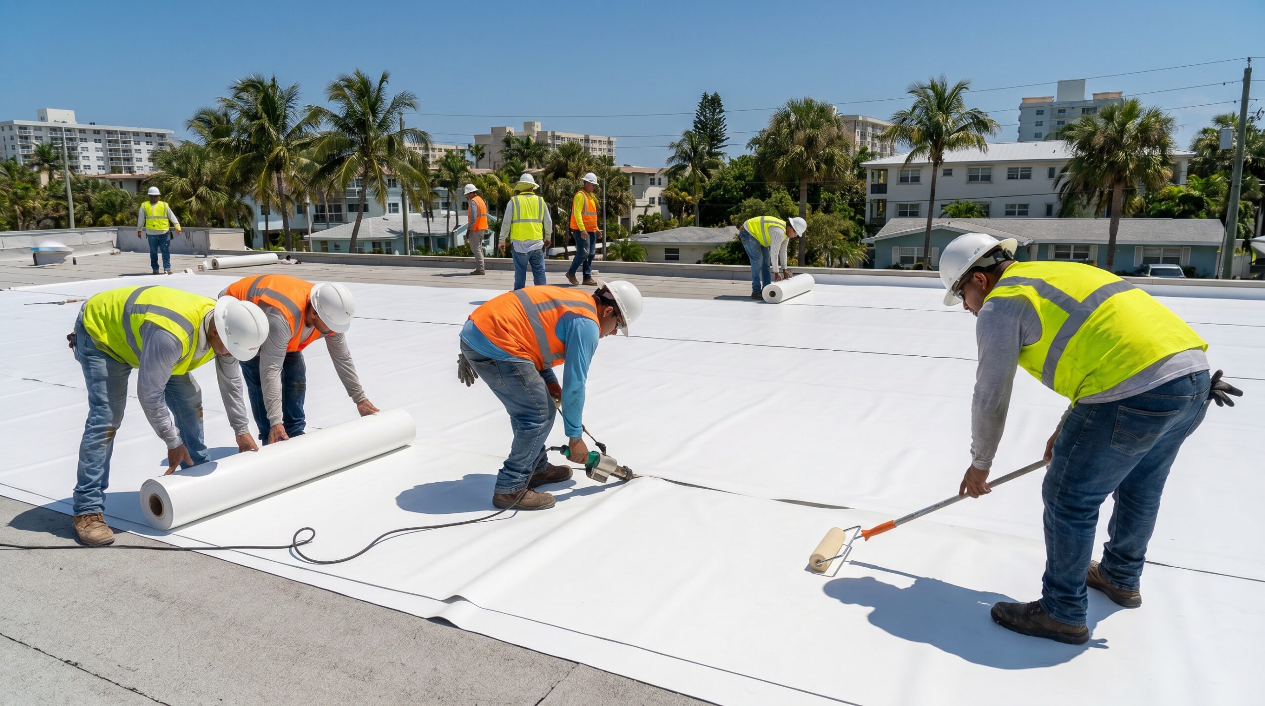 Several construction workers in safety vests and helmets install white roofing material on a flat rooftop, using rolls, tools, and brushes, with palm trees and buildings in the background under a clear blue sky.