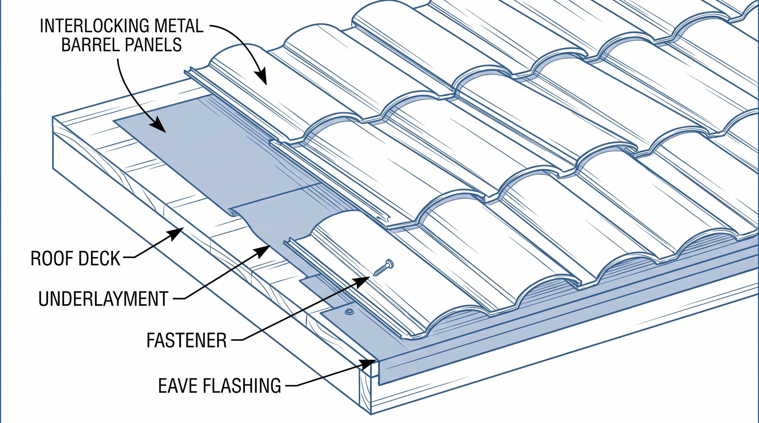 Metal barrel tile panel installation diagram for Florida roofing