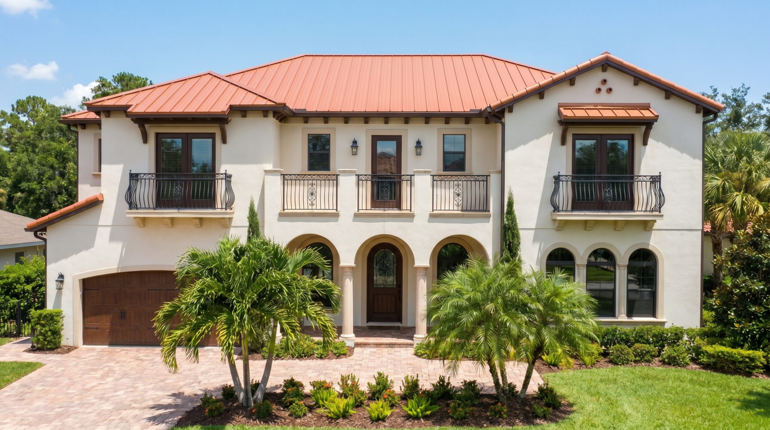 A two-story Mediterranean-style house with a red tile roof, cream-colored stucco walls, arched windows and doorways, wrought iron balconies, and palm trees in the landscaped front yard.