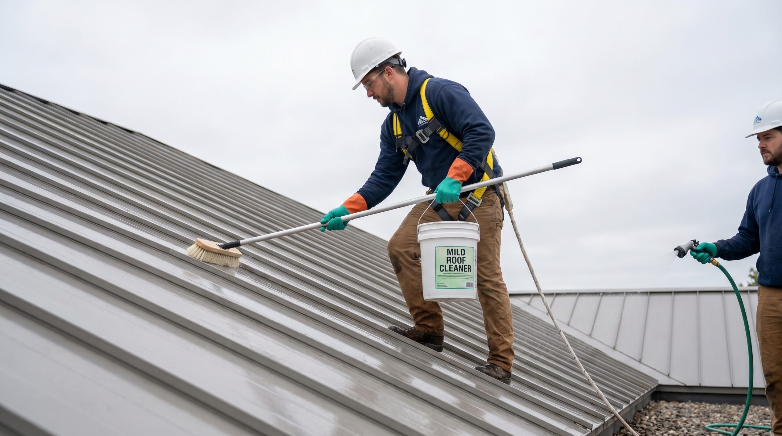 Two workers in safety gear clean a metal roof; one scrubs with a brush and holds a bucket labeled "Mild Roof Cleaner," while the other sprays water from a hose.