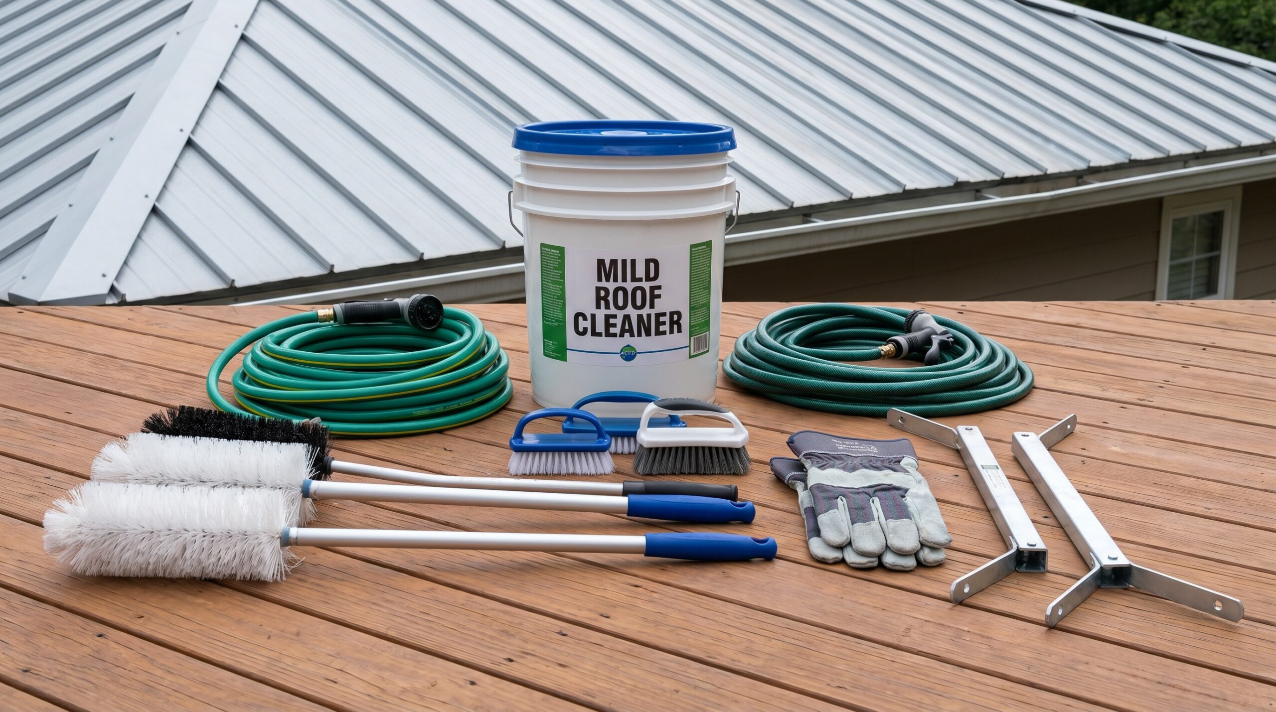 Safe metal roof cleaning tools and equipment layout