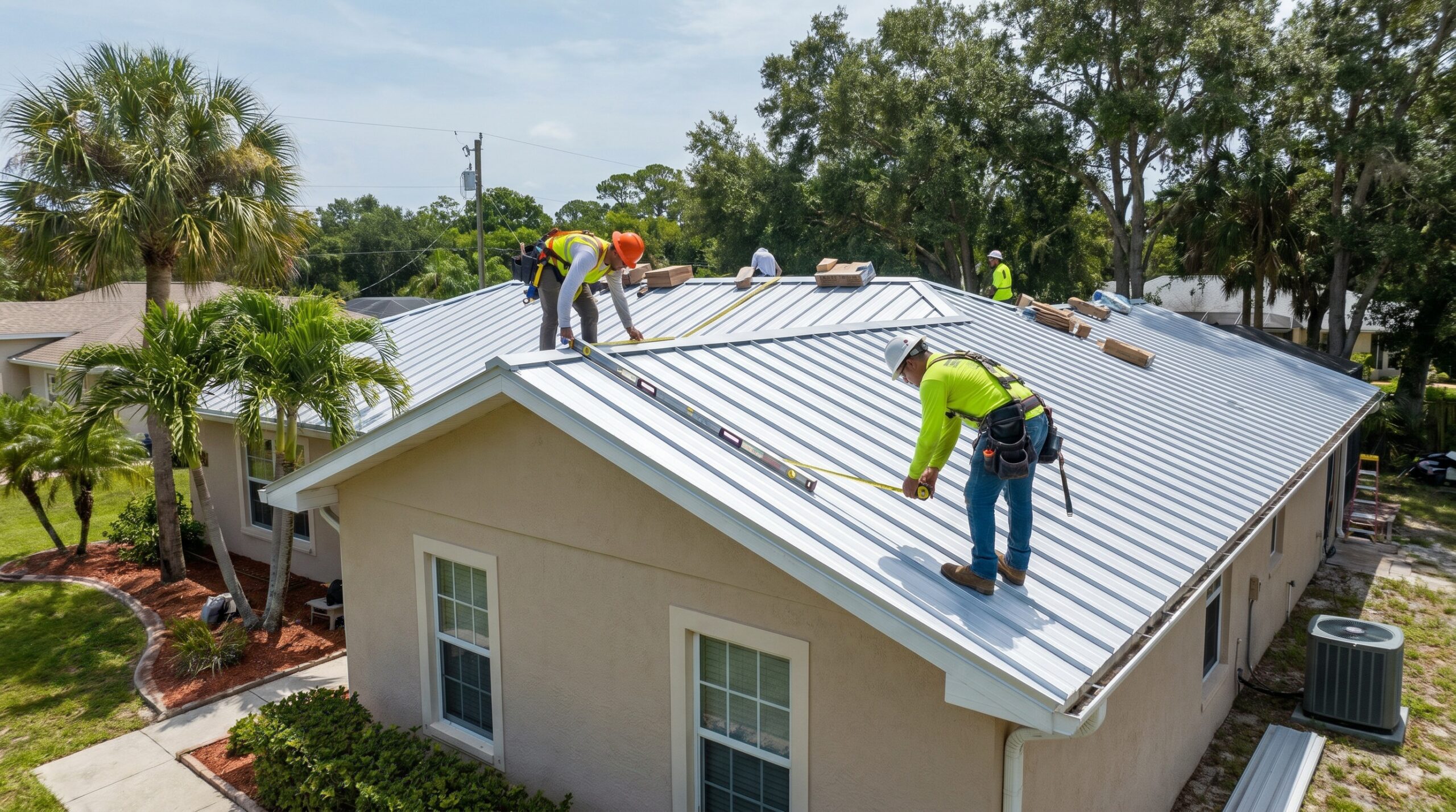 Several workers in safety gear install and measure metal roofing panels on a light-colored house surrounded by palm trees and greenery on a sunny day.