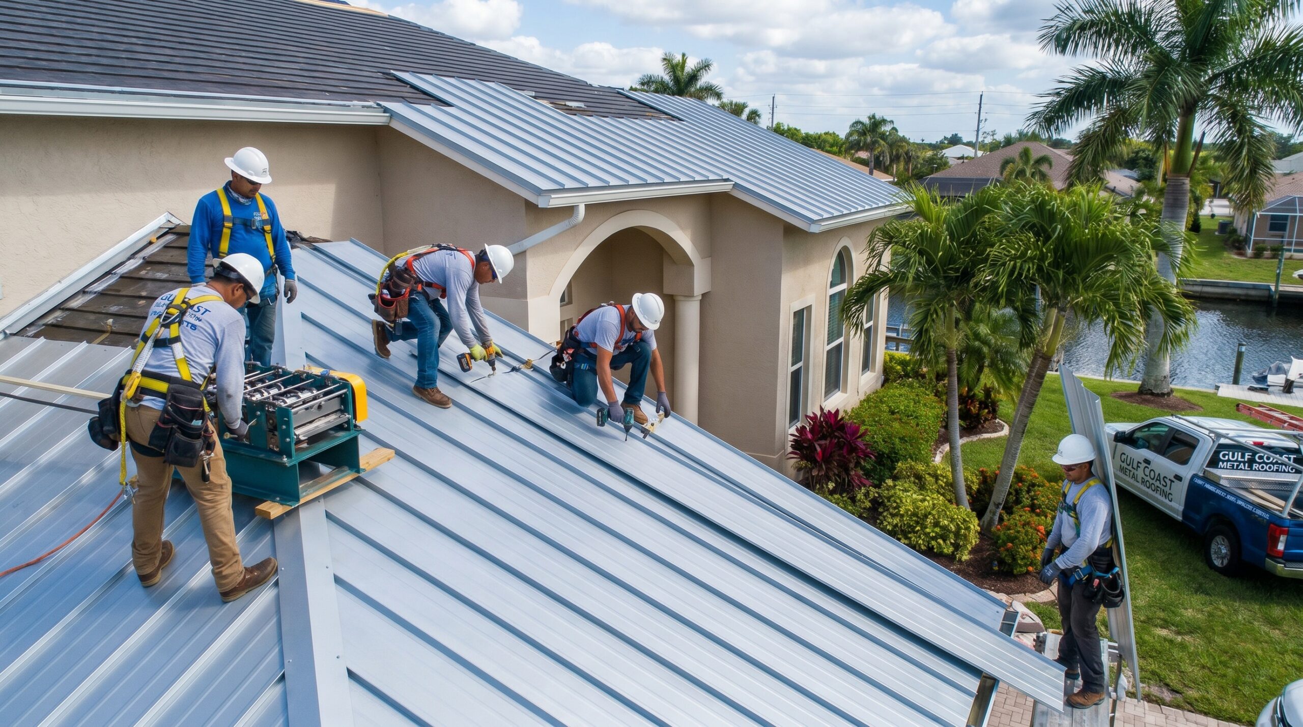 Five construction workers wearing safety gear install metal roofing panels on a house, with tools and equipment nearby. Palm trees and a canal are visible in the background, along with a Gulf Coast Roofing truck.