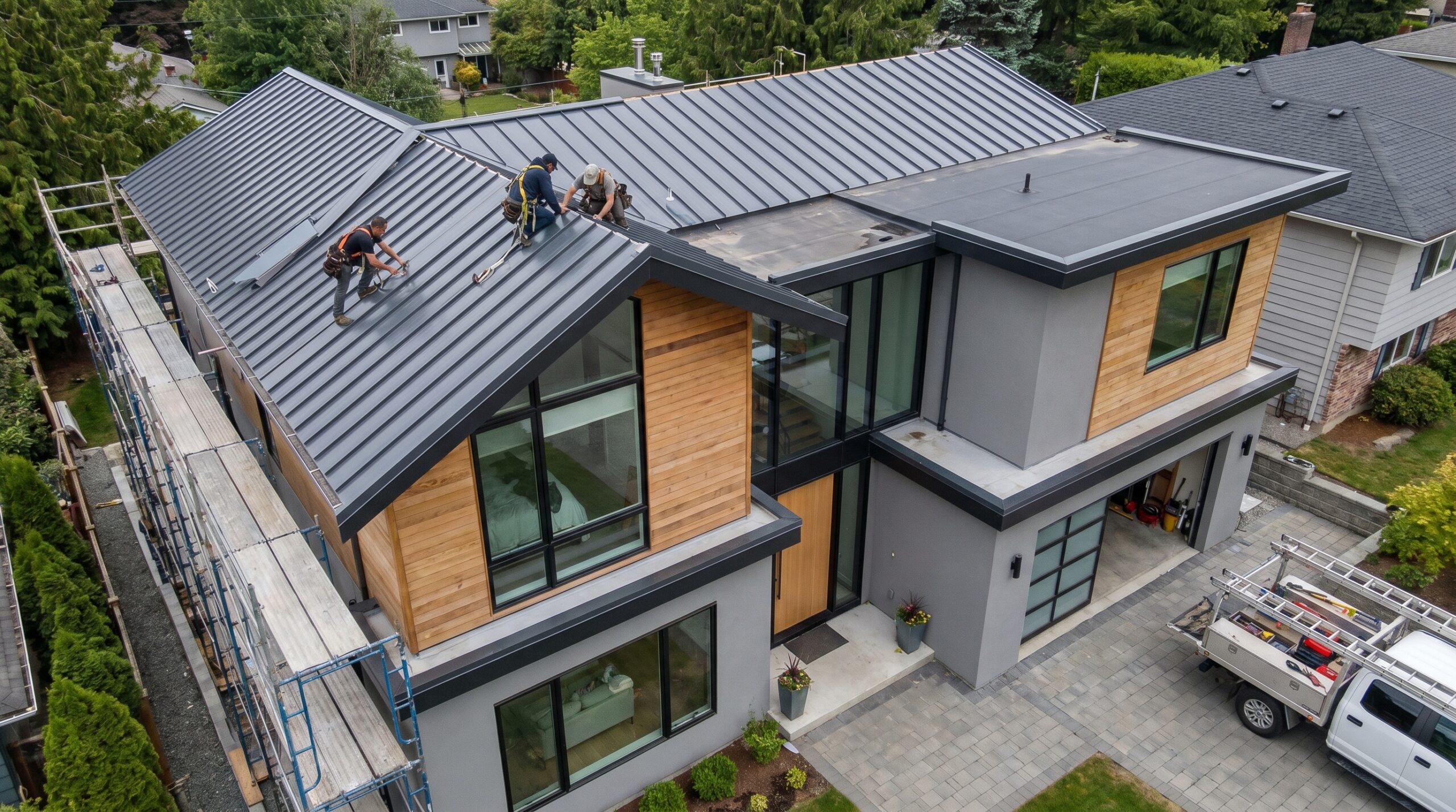 Aerial view of workers installing a metal roof on a modern two-story house with large windows and wood accents, surrounded by greenery and neighboring homes. Construction scaffolding and a white pickup truck are visible nearby.