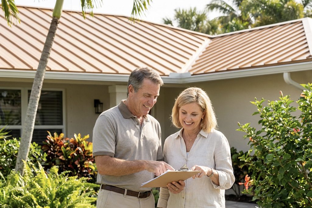 A smiling middle-aged couple stands outside a house with a metal roof, looking at paperwork on a clipboard together among lush green plants and palm trees.