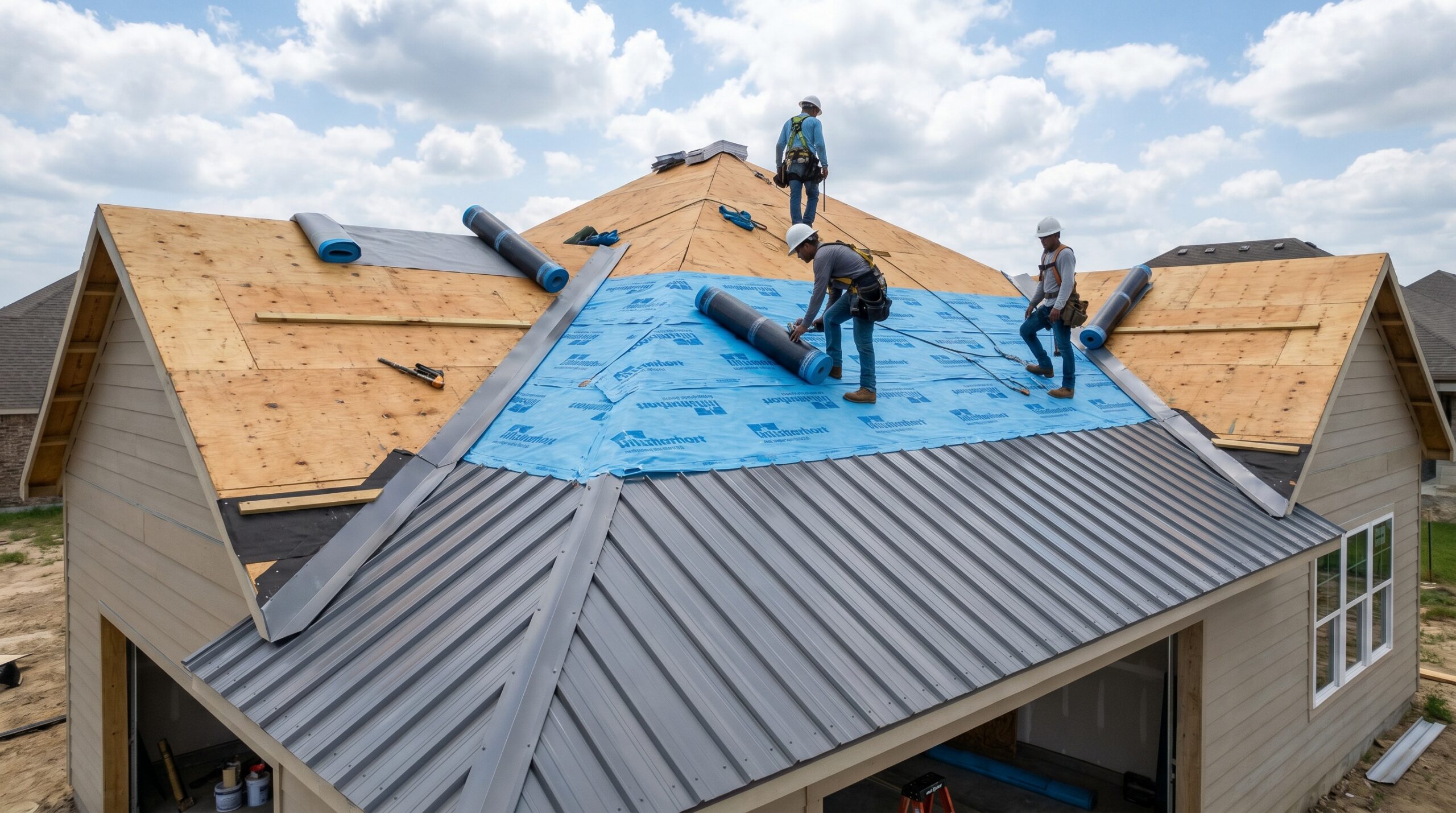 Three workers install roofing materials on a house under construction. Some sections have blue underlayment and others have exposed wood. Roofing rolls and tools are scattered around, and the sky is partly cloudy.