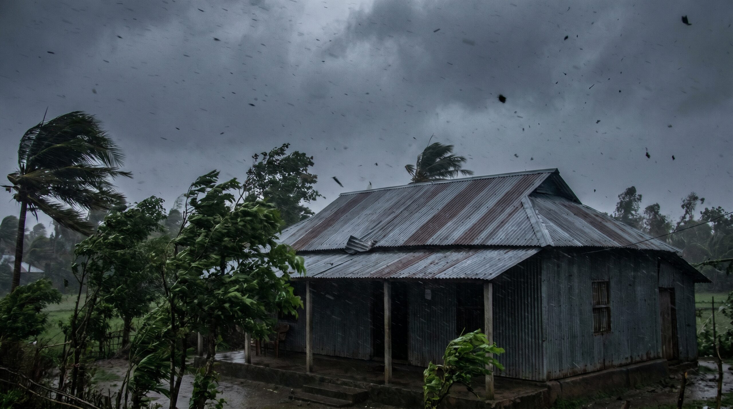 A small tin-roofed house stands amid strong winds and heavy rain, with trees bending and debris flying in the stormy, dark sky.