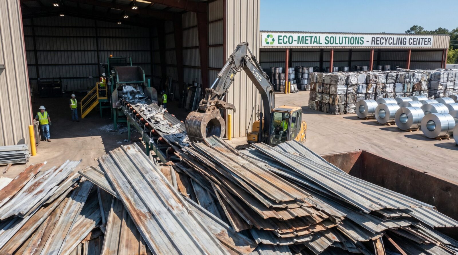 Metal roofing recycling facility showing old panels being processed into new materials