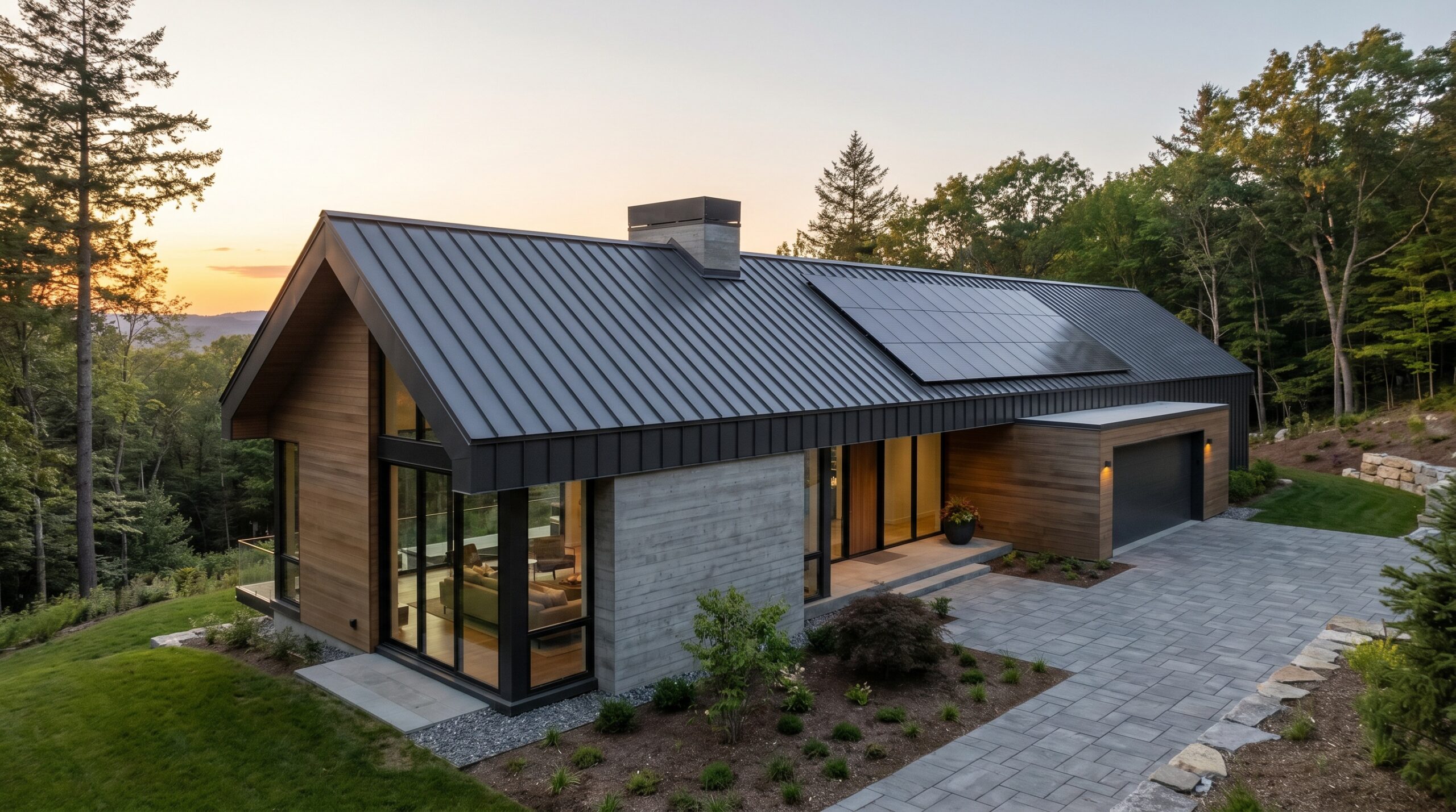 Modern house with a metal roof and solar panels, large windows, wooden and concrete exterior, surrounded by trees and landscaped garden, driveway made of stone pavers, and a sunset in the background.