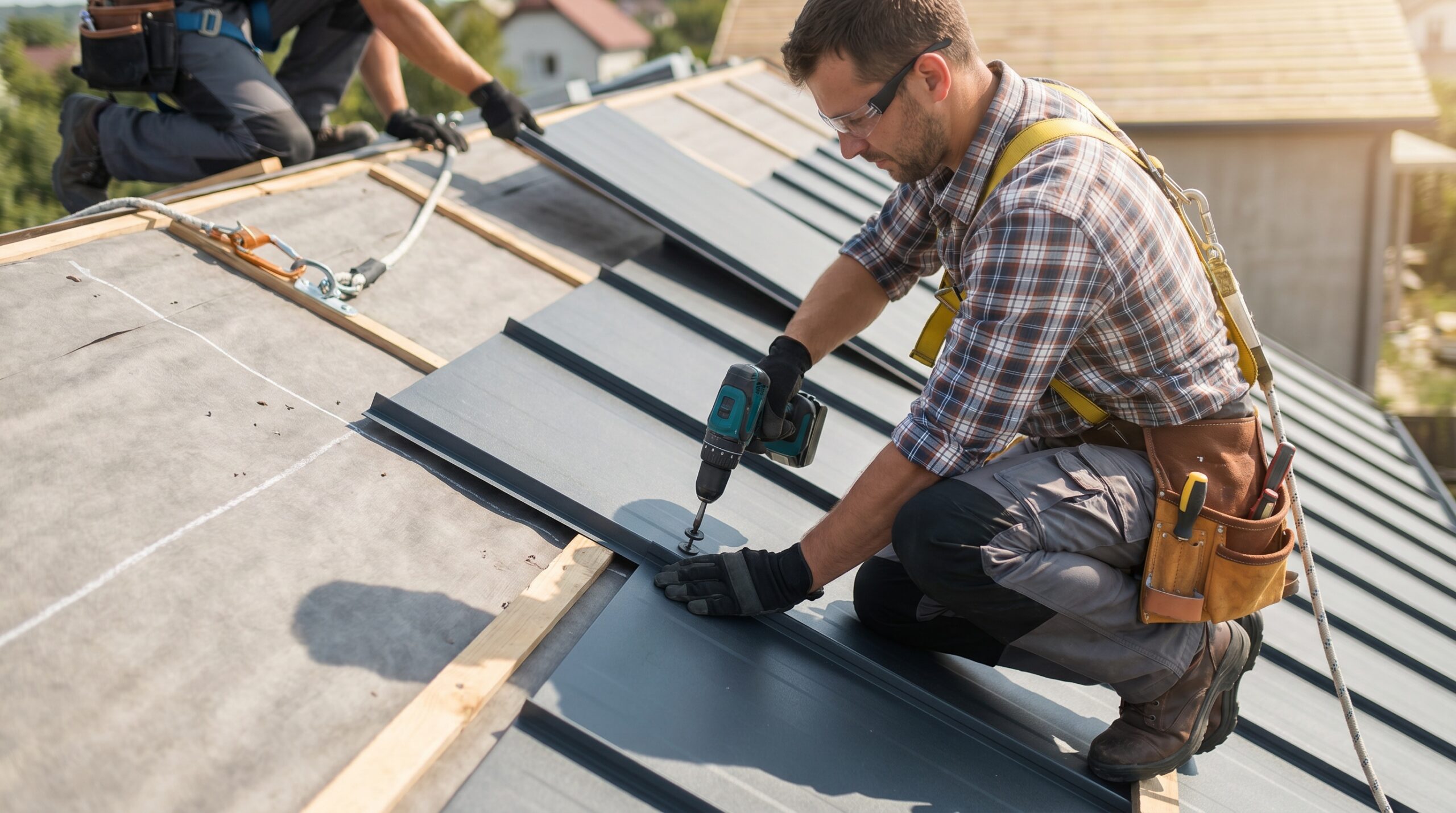 professional contractor installing metal roofing panels showing proper technique