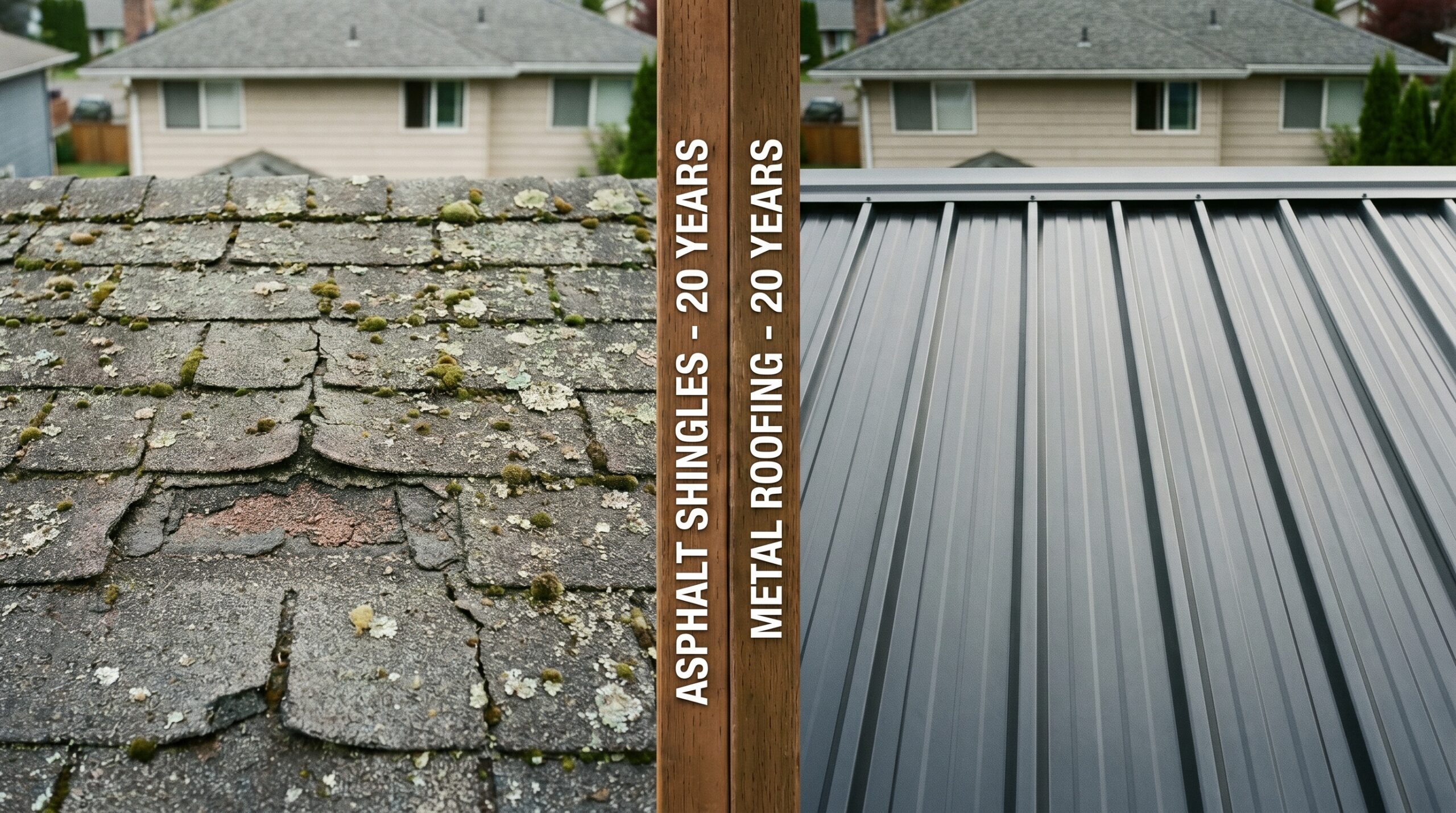 Comparison showing weathered asphalt shingles next to pristine metal roofing panels after 20 years
