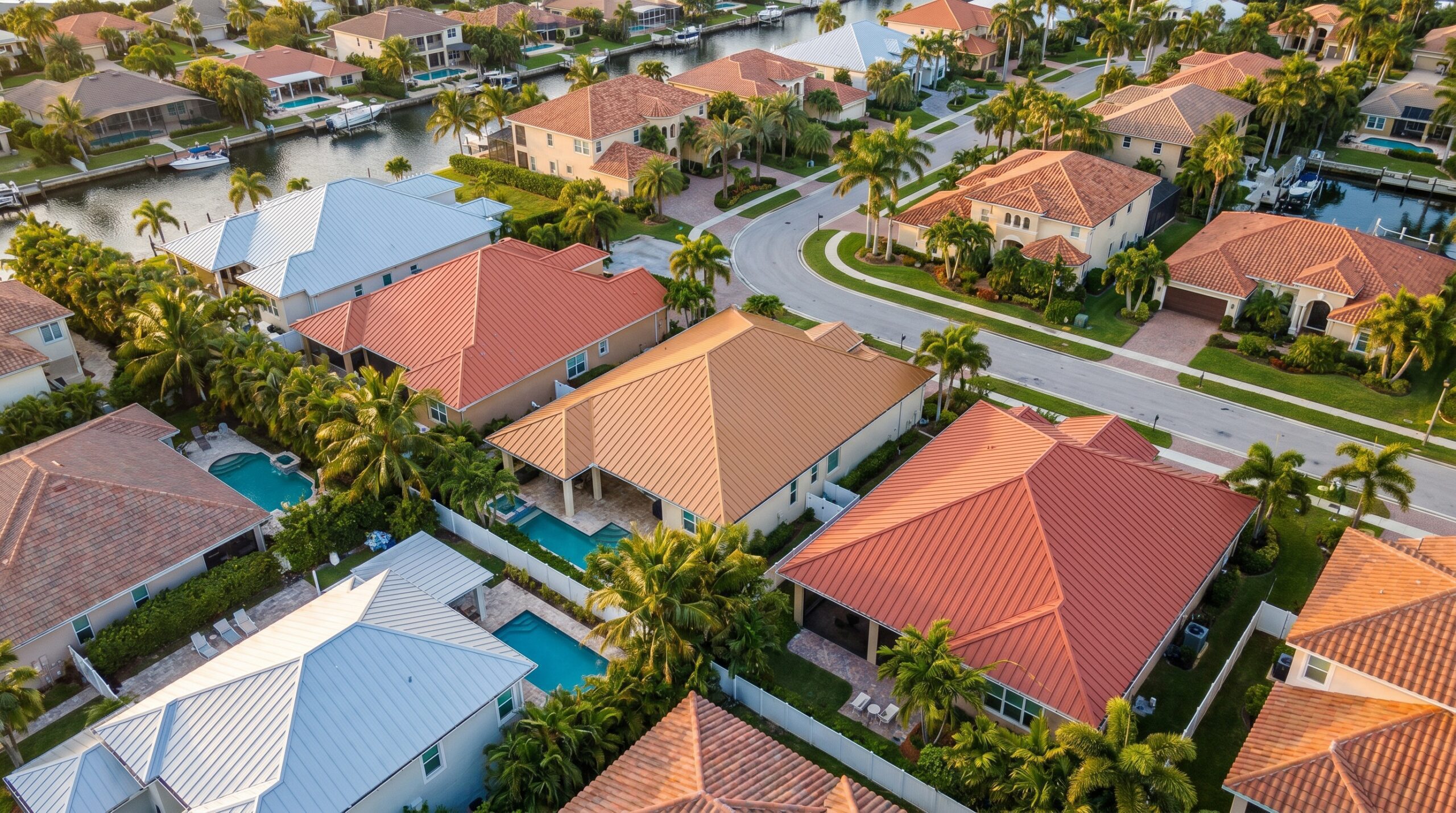 Aerial view of a suburban neighborhood with houses featuring orange and white roofs, palm trees, pools, and a canal with boats in the background on a sunny day.