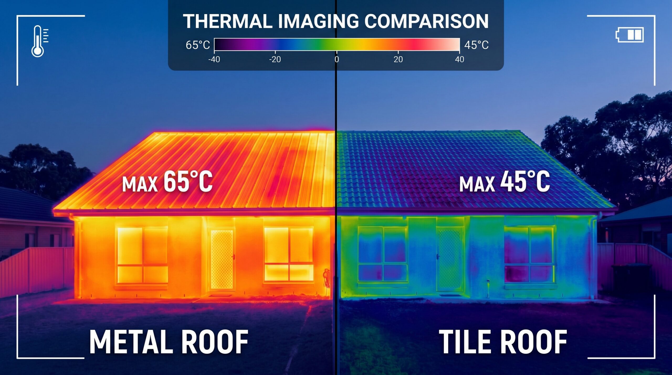 Thermal image comparison showing temperature differences between metal and tile roofs