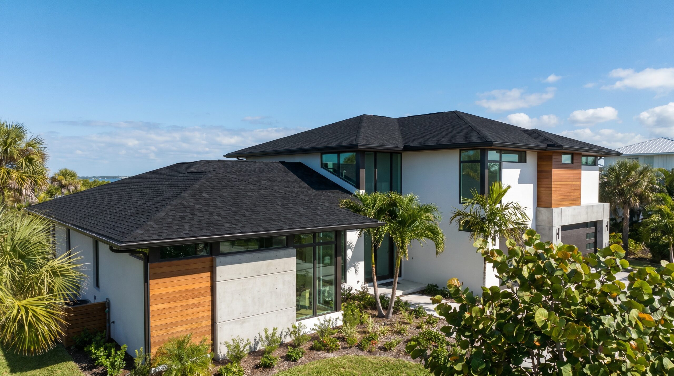 Modern two-story house with white walls, black roof, wood and concrete accents, large windows, and surrounded by palm trees and greenery under a clear blue sky.