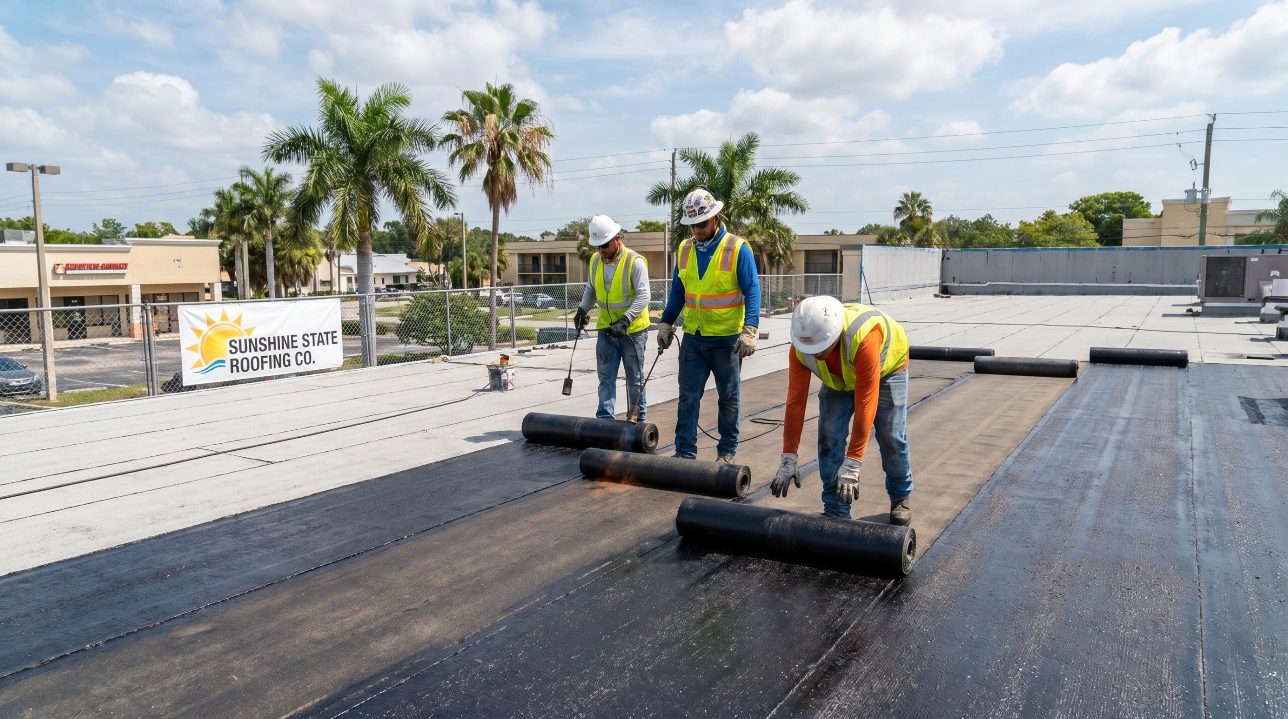 Three construction workers in safety gear unroll roofing material on a flat roof under a sunny sky. A sign reads "Sunshine State Roofing Co." Palm trees and buildings are visible in the background.
