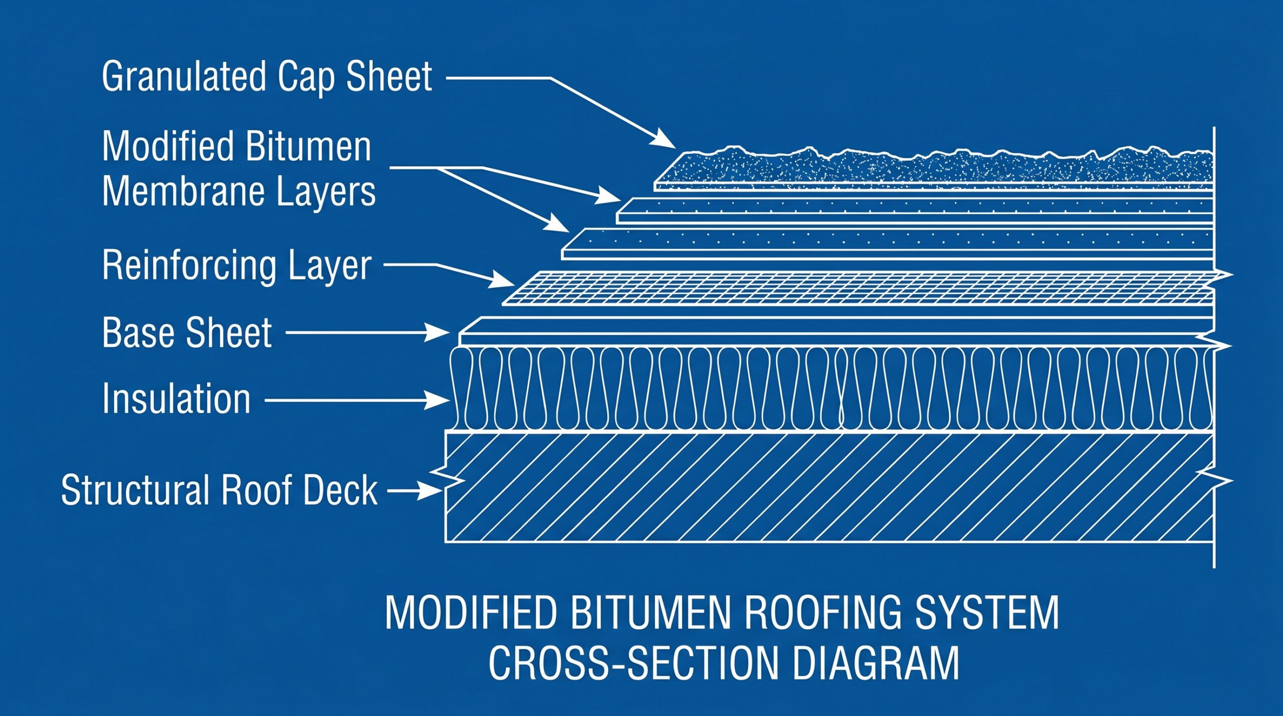 Modified bitumen roof layers diagram showing cross-section