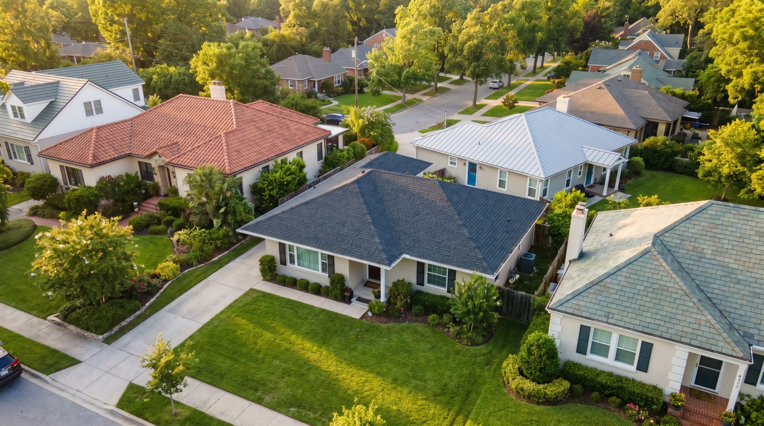 neighborhood street view showing various roof colors and their impact on curb appeal