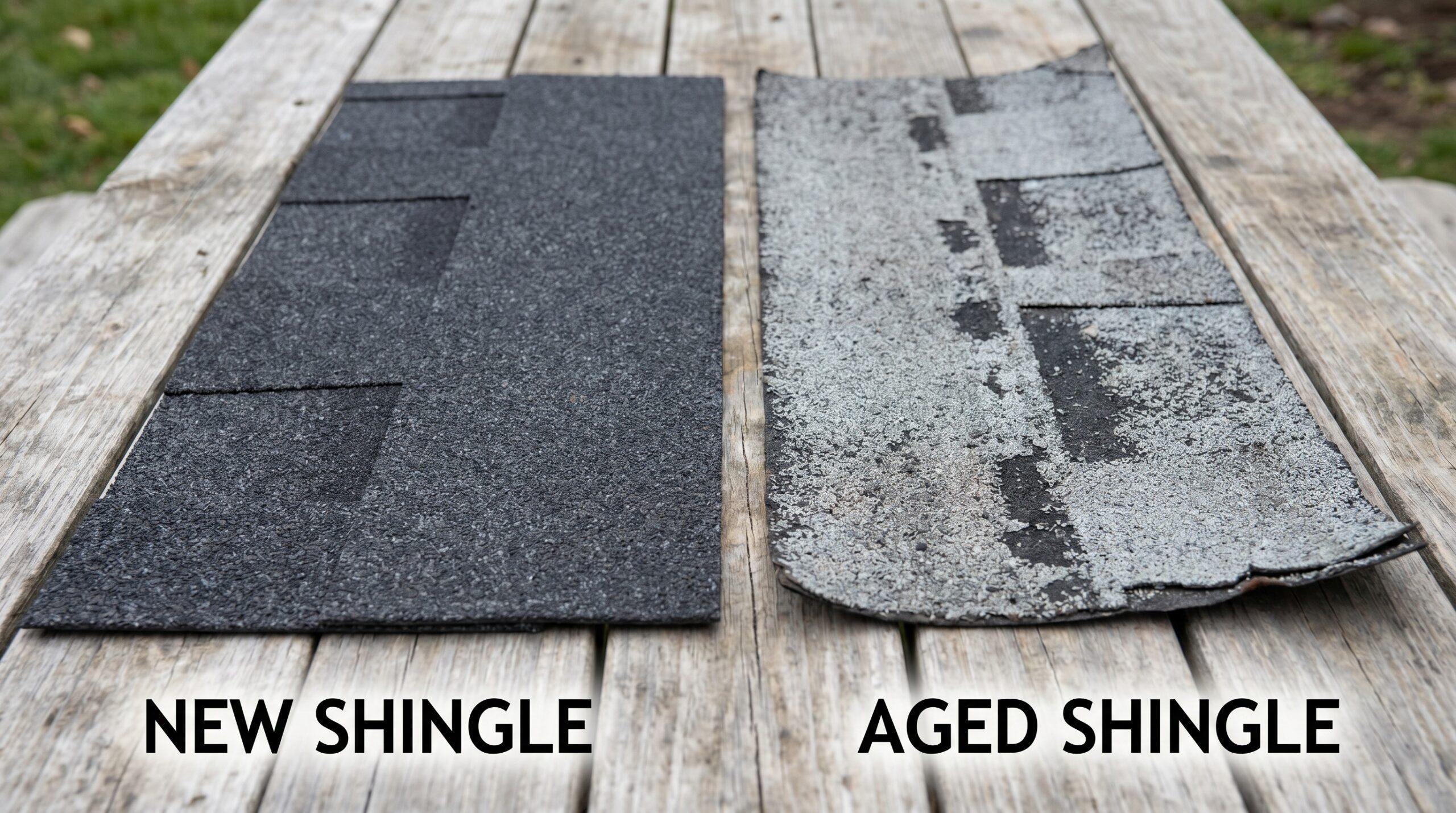 Comparison showing new shingle versus aged shingle with granule loss