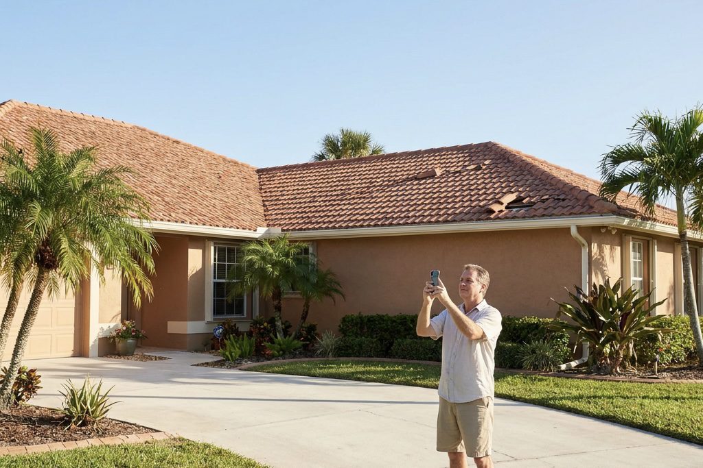A man stands in the driveway taking a photo of a house with a tiled roof, which has visible damage and missing tiles near the top. Lush greenery and palm trees surround the home under a clear sky.