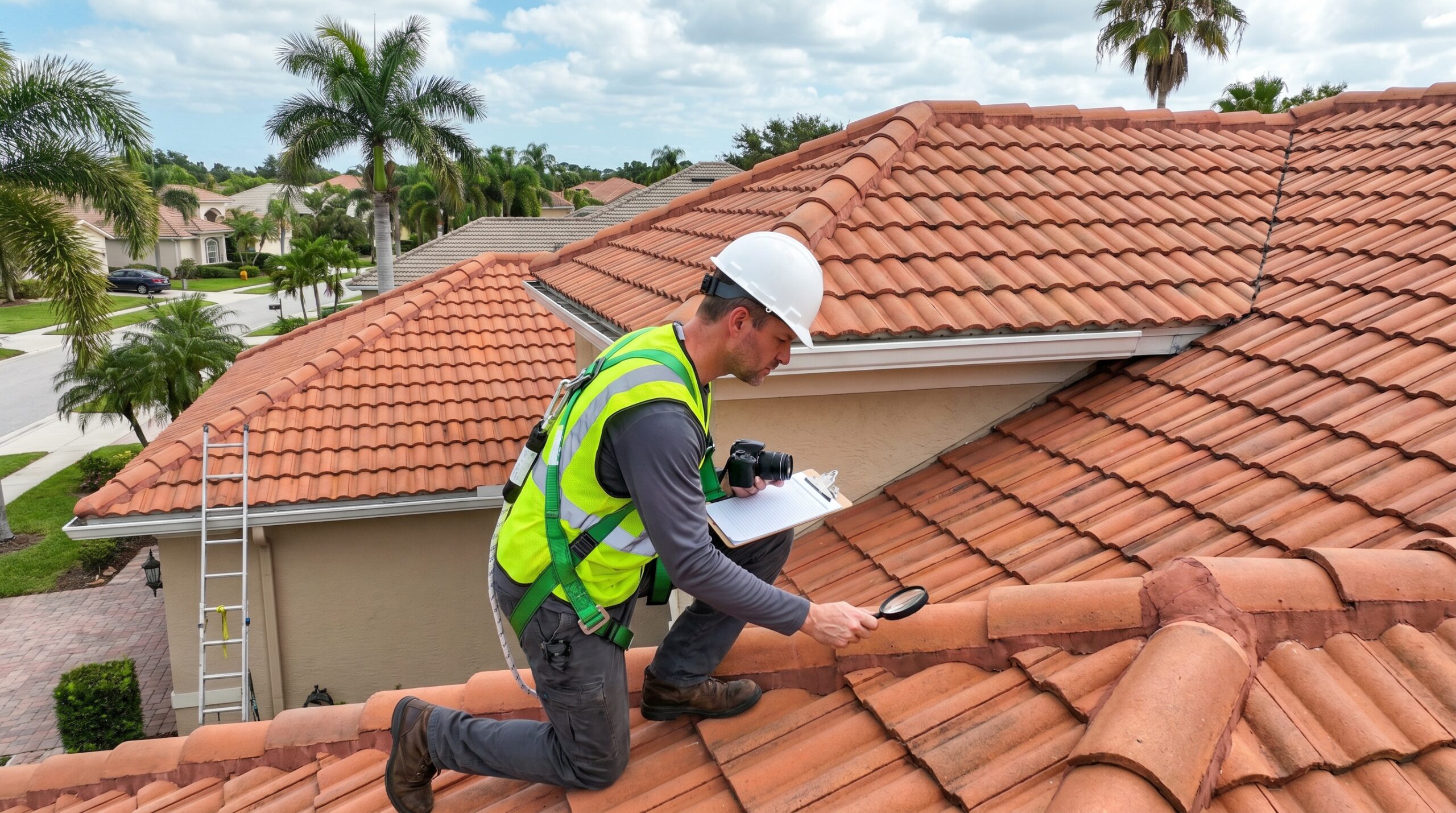 professional roofer inspecting tile roof florida
