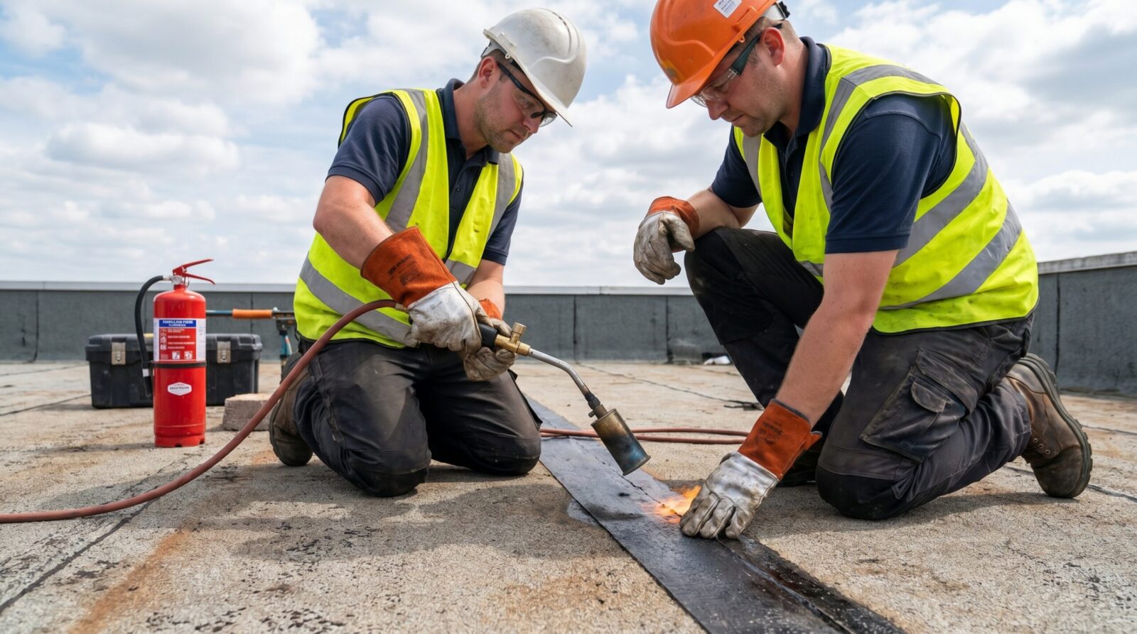 Professional roofer using torch to repair modified bitumen seam with safety equipment