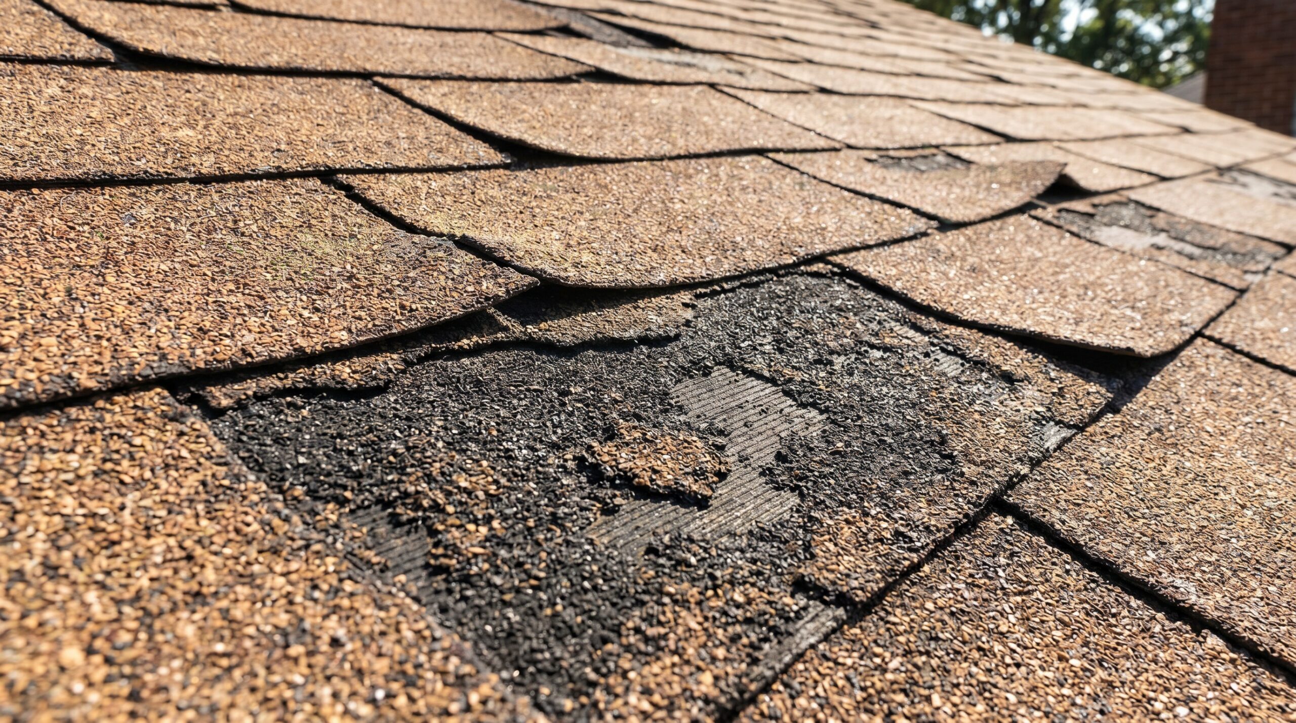 Close-up of a roof with damaged and curling asphalt shingles; some shingles are missing granules, revealing the black underlying material. The roof appears weathered and in need of repair.