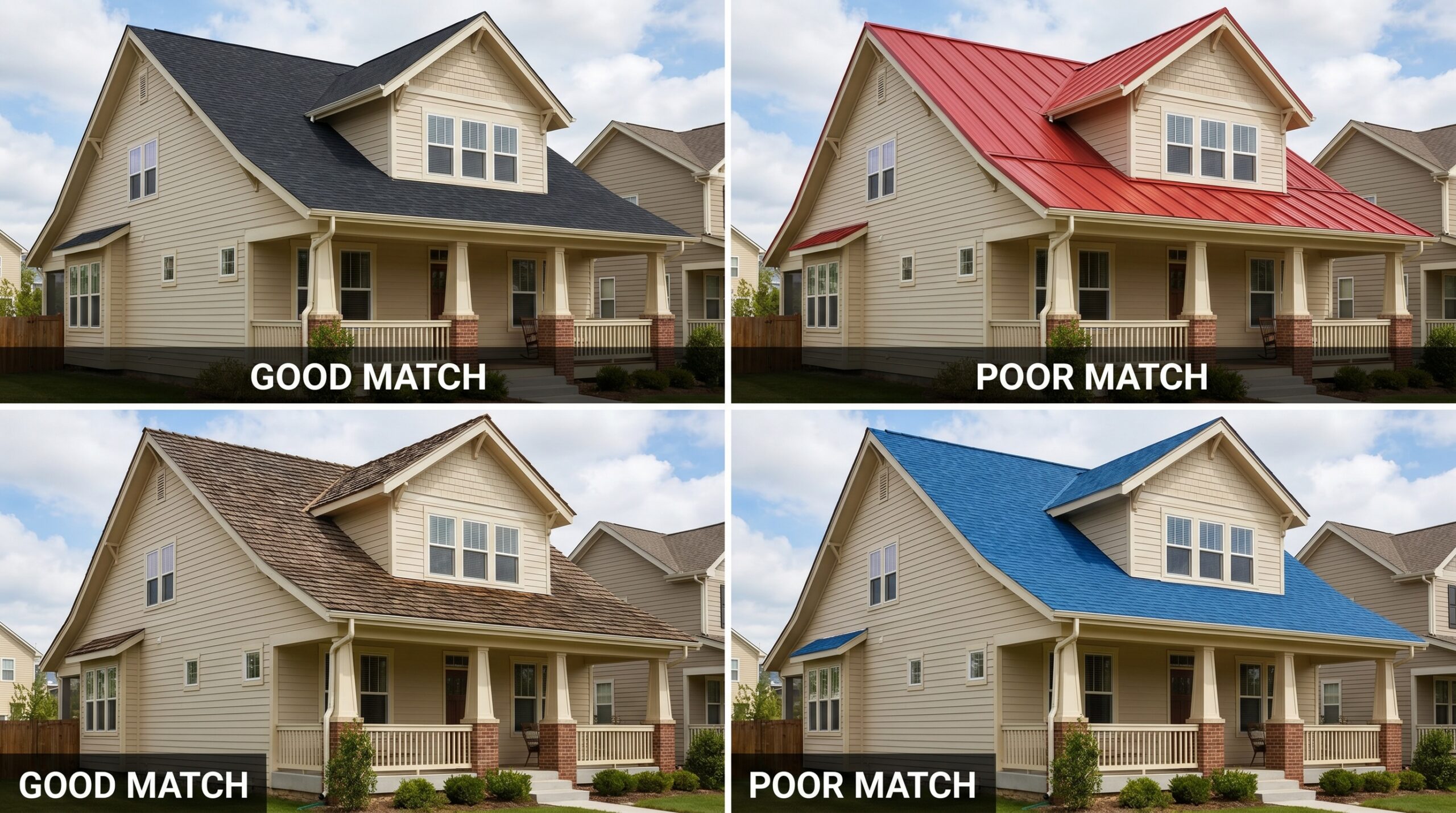 comparison of different roof colors on similar house styles showing good and poor matches