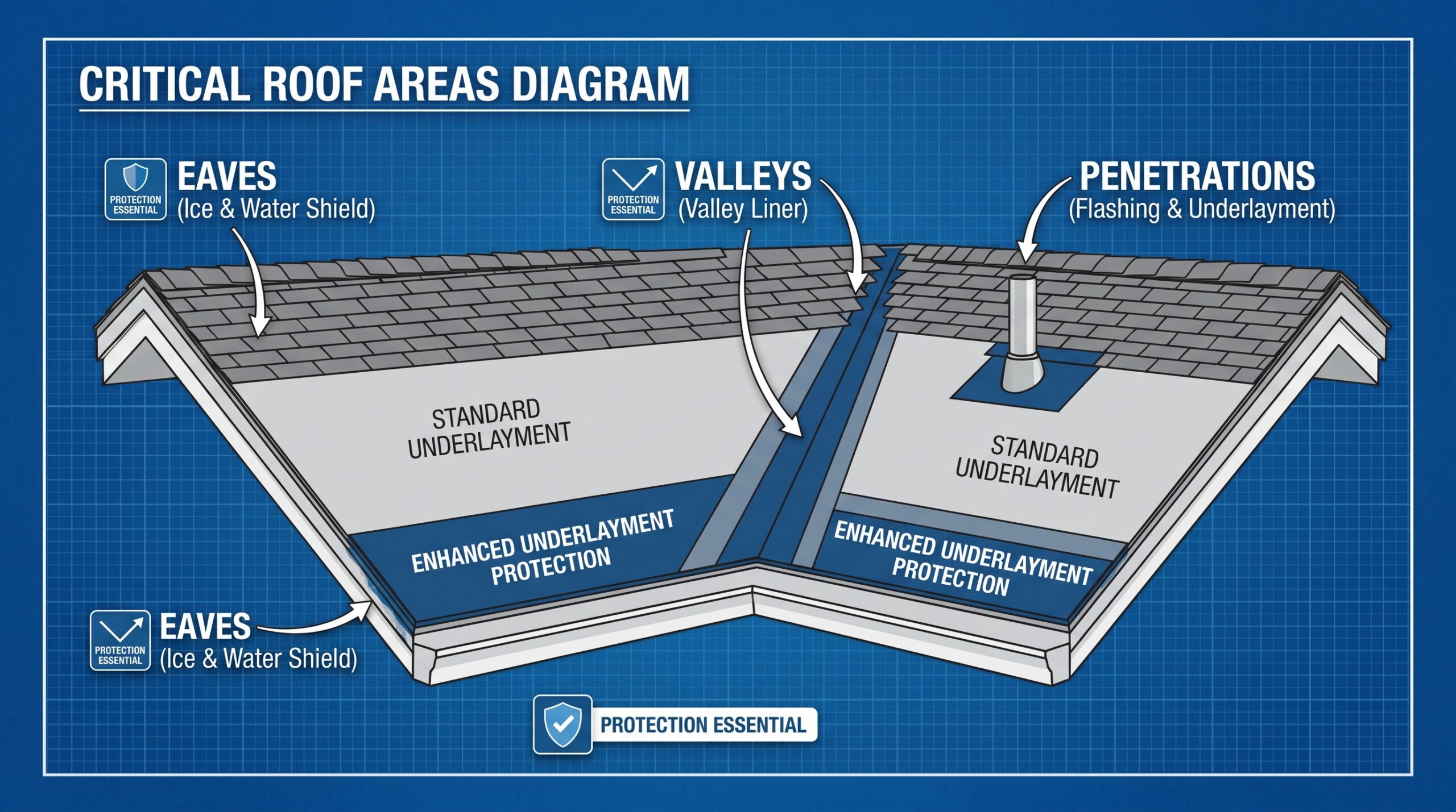 Diagram showing critical roof areas including eaves, valleys, and penetrations where enhanced underlayment protection is essential