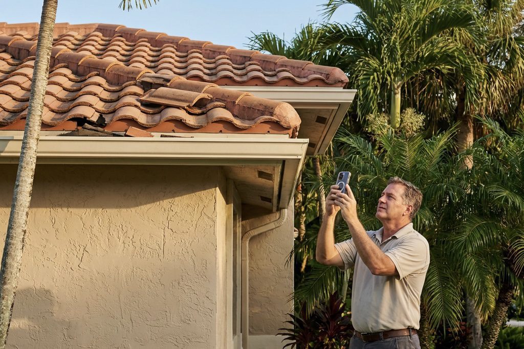 An older man stands outside a house with a damaged tile roof, taking a photo of the damage with his smartphone. Palm trees and greenery surround the home.