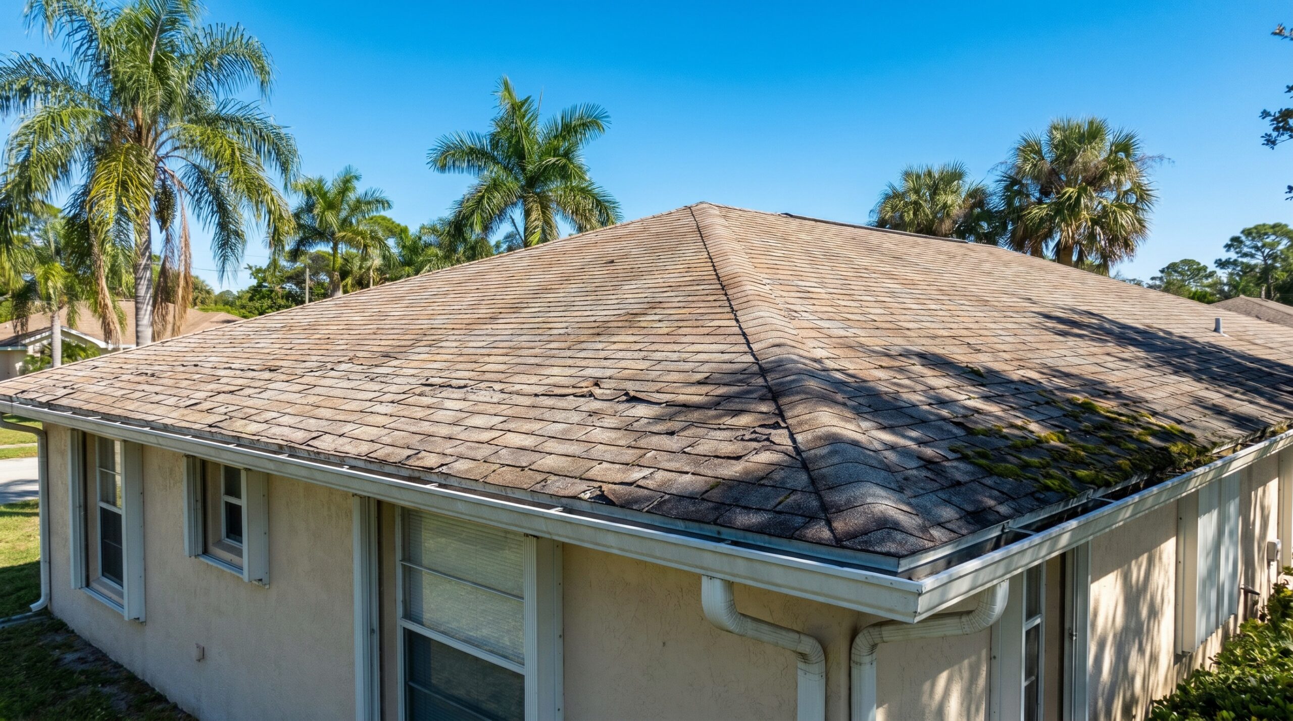 Before and after photos of a Florida home with old shingle roof being replaced with modern metal roofing