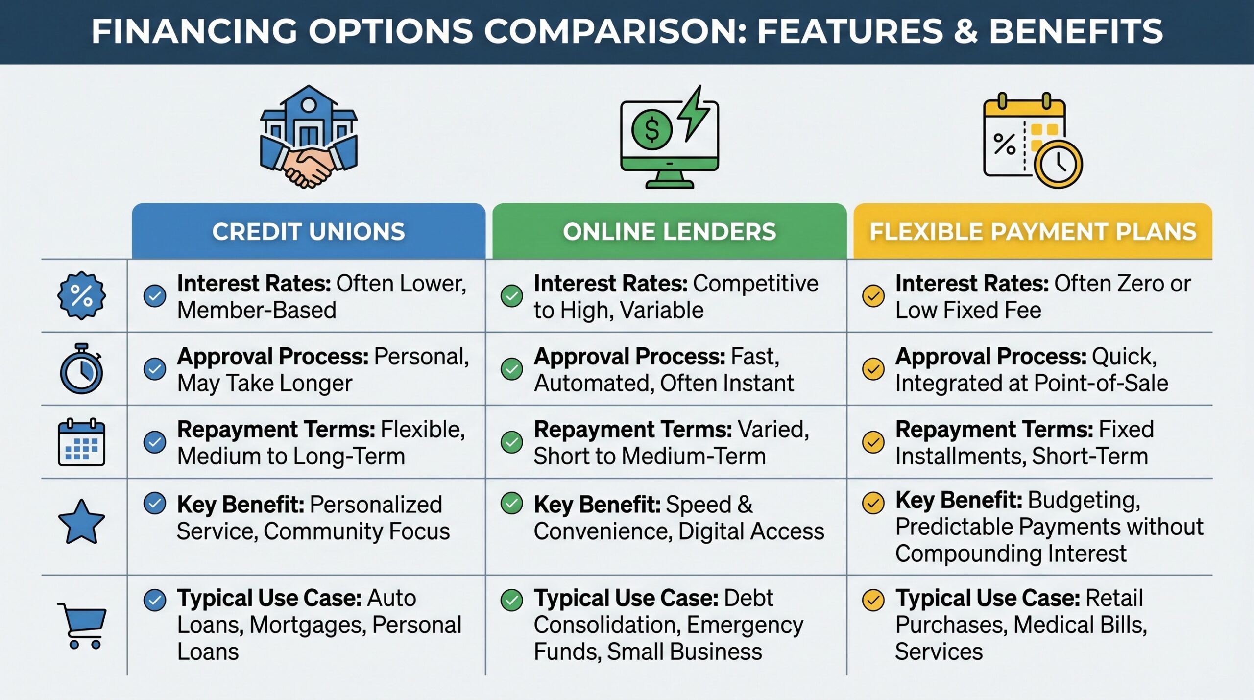 Comparison chart showing different financing options with icons for credit unions, online lenders, and flexible payment plans