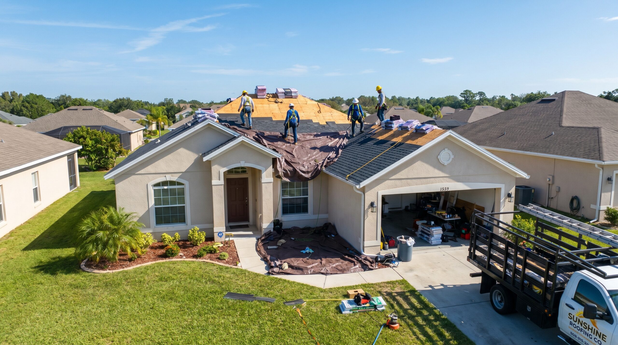 A team of workers repairs the roof of a beige suburban house, using tarps and roofing materials. Equipment and a large truck are visible in the driveway on a sunny day.
