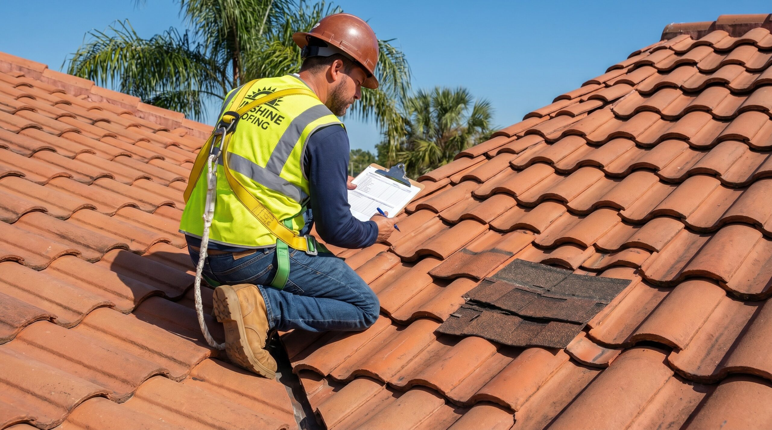 A worker wearing a safety harness and helmet inspects a tile roof with damaged shingles, holding a clipboard. Palm trees are visible in the background under a clear blue sky.