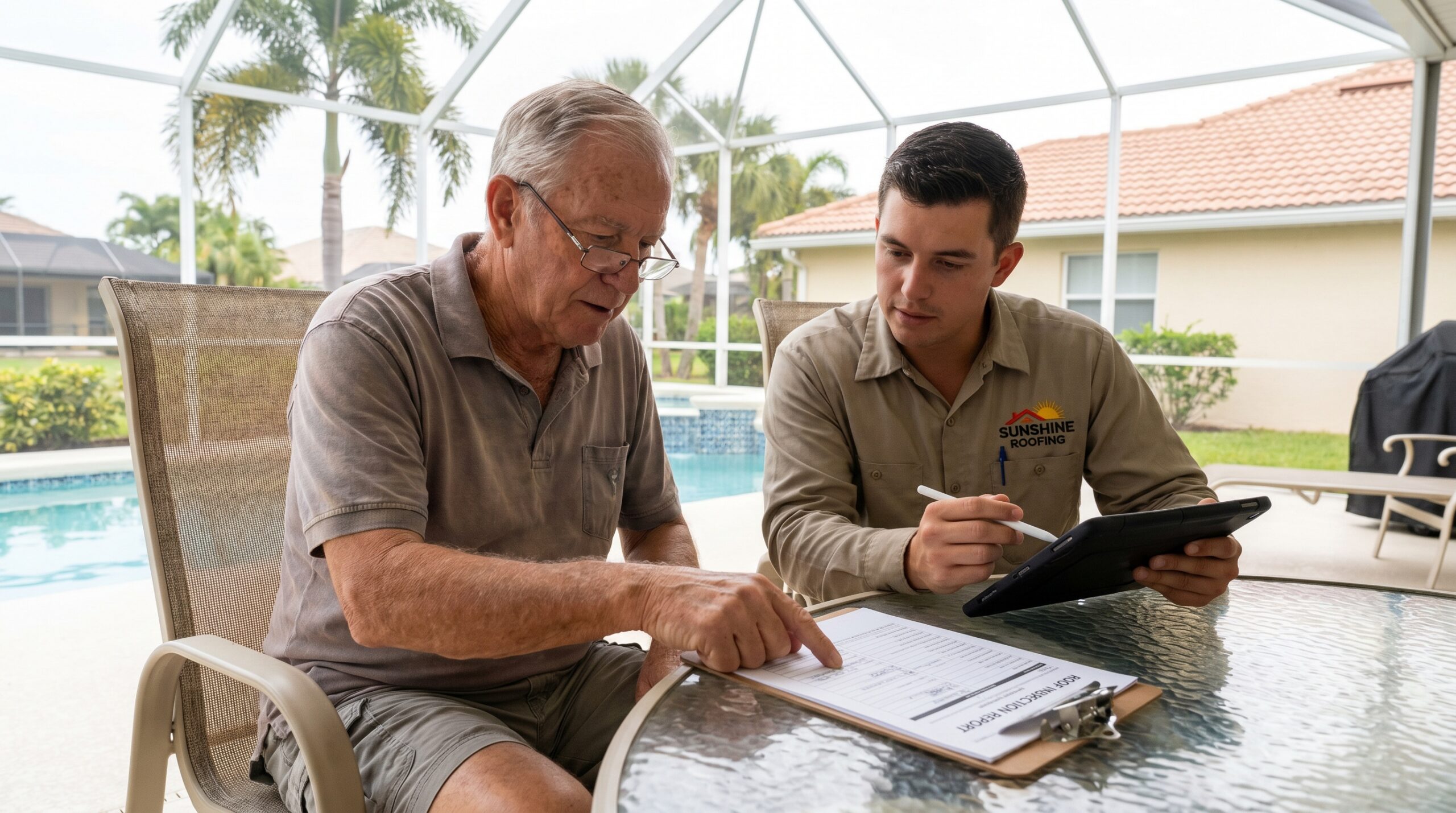 Florida homeowner reviewing roof inspection report with contractor