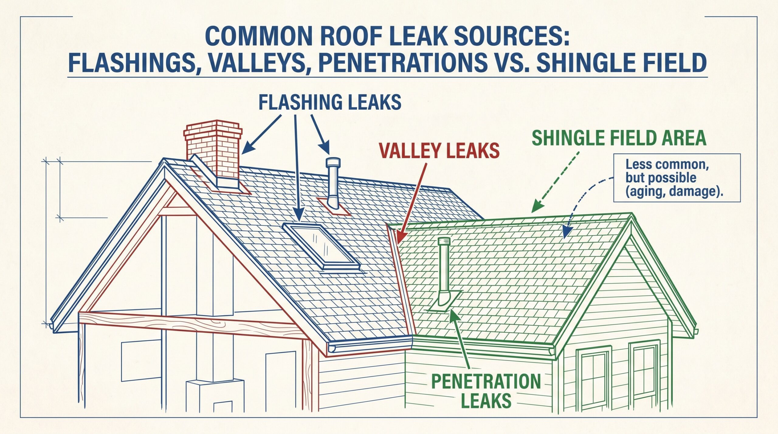 Diagram showing common roof leak sources at flashings, valleys, and penetrations versus shingle field areas