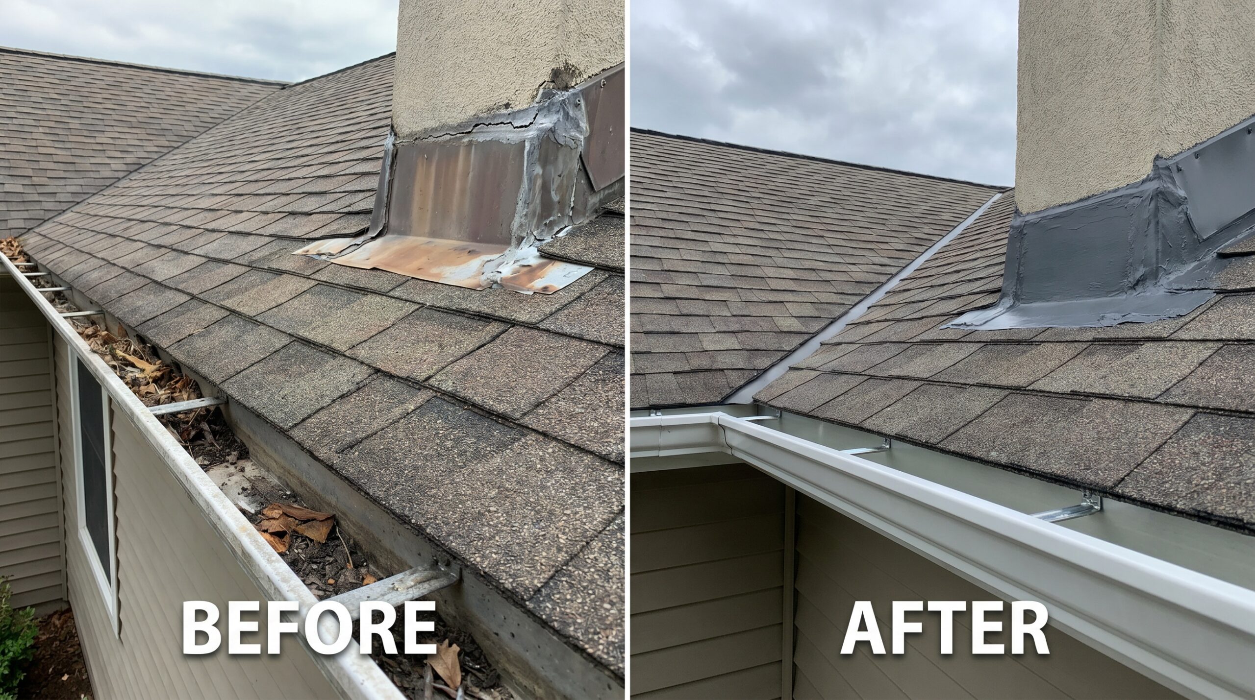 Before and after comparison of roof maintenance showing cleaned gutters and sealed joints