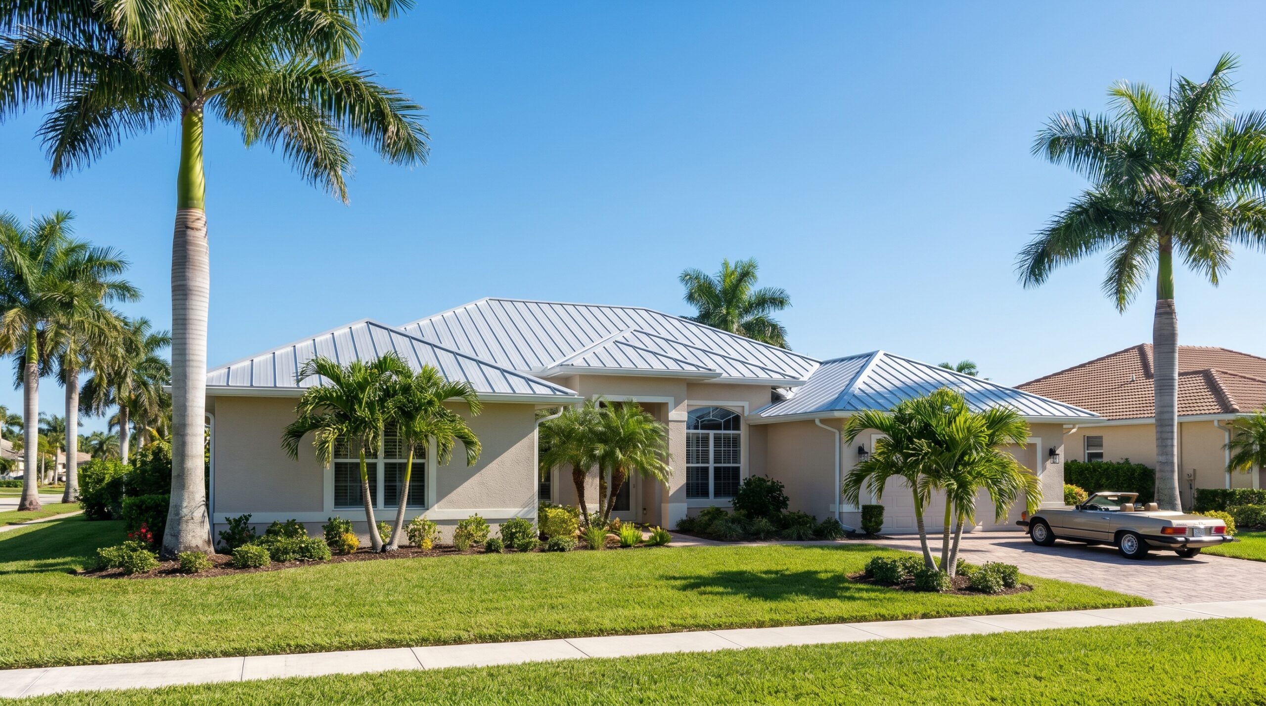A single-story, light-colored house with a metal roof and tropical landscaping, including palm trees, sits under a clear blue sky. A vintage convertible car is parked in the driveway.