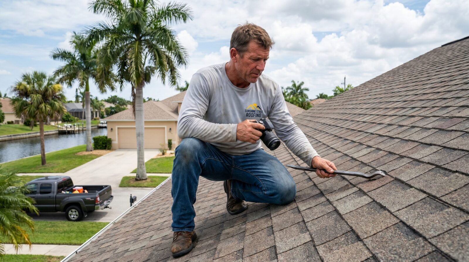Roofing professional inspecting shingles on a Florida home