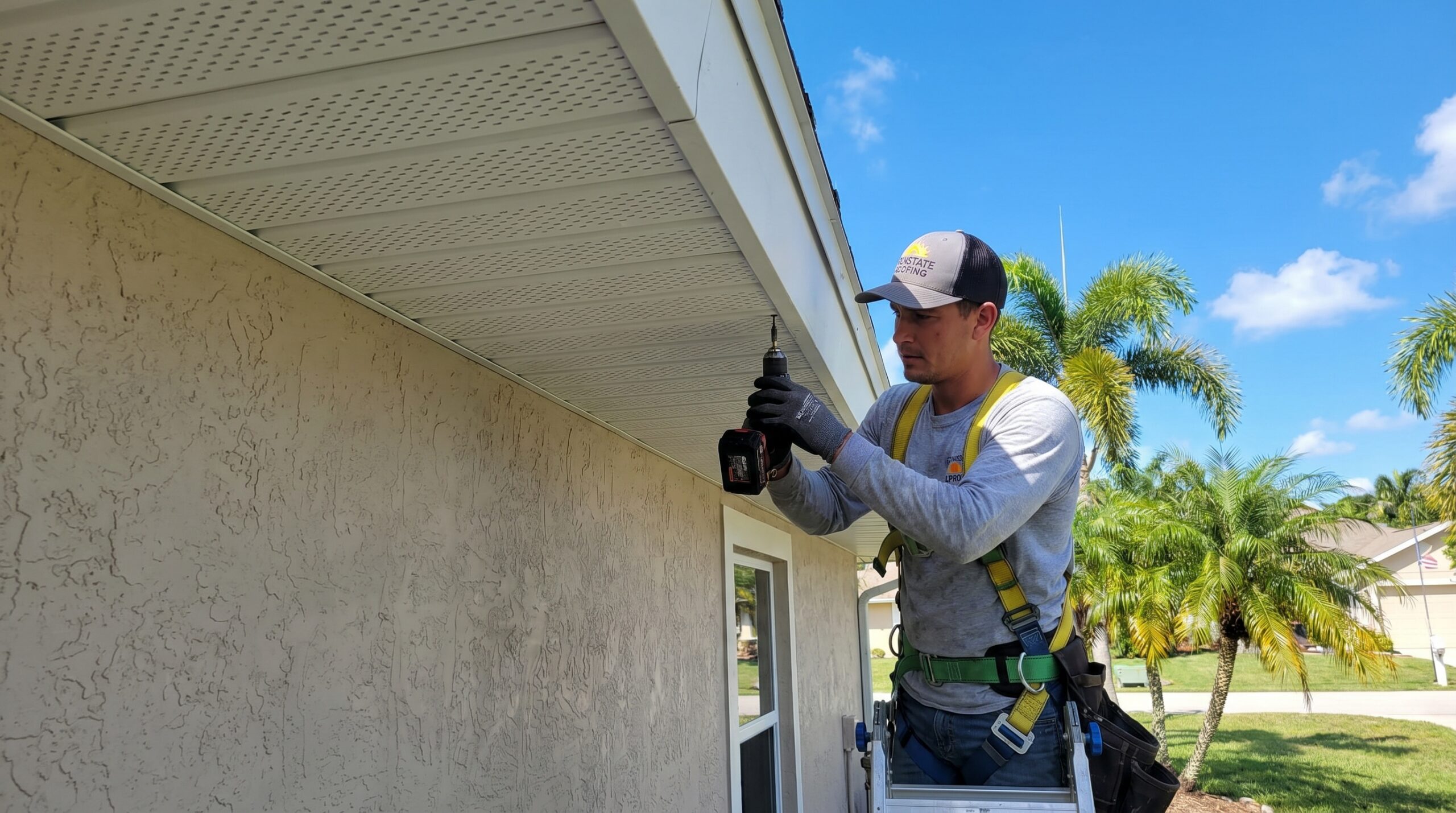 Professional roofer installing aluminum soffit panels on Florida home