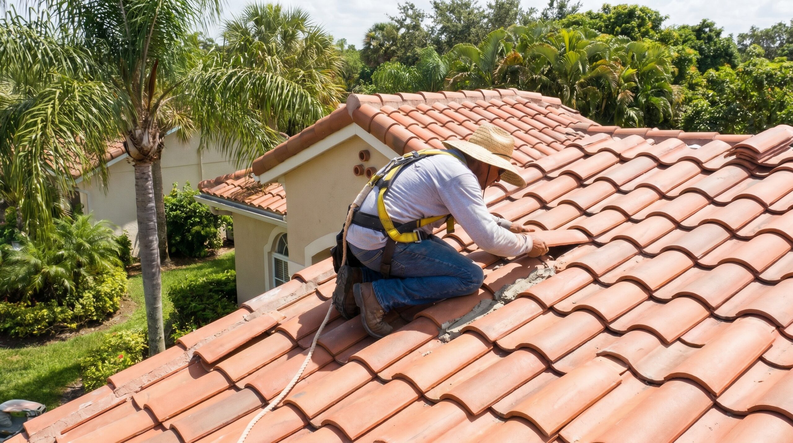 Roofer installing Spanish barrel tiles on Florida home