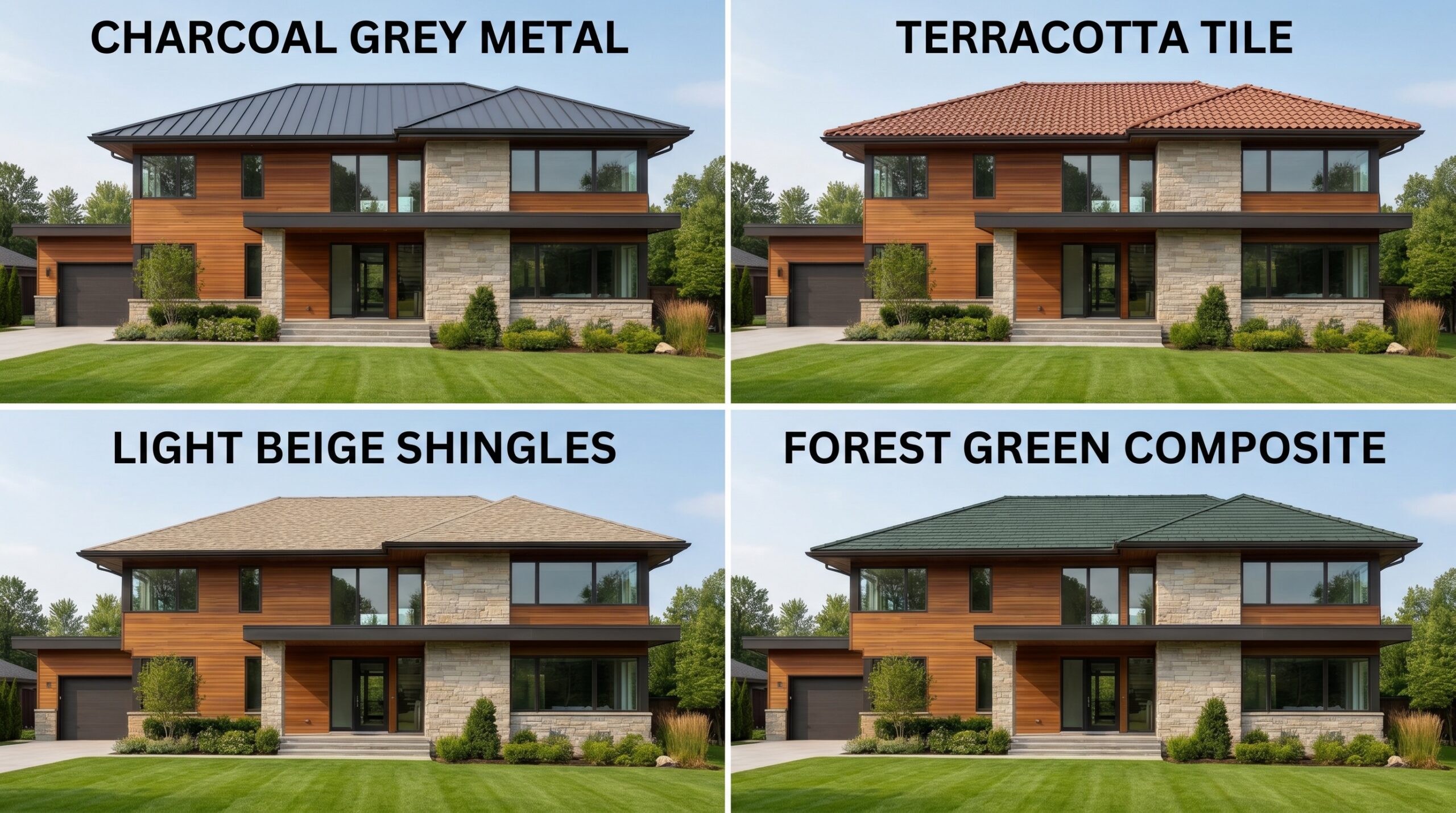 Four images of the same modern two-story house, each with a different roof: charcoal grey metal, terracotta tile, light beige shingles, and forest green composite. Green lawn and trees surround the house.