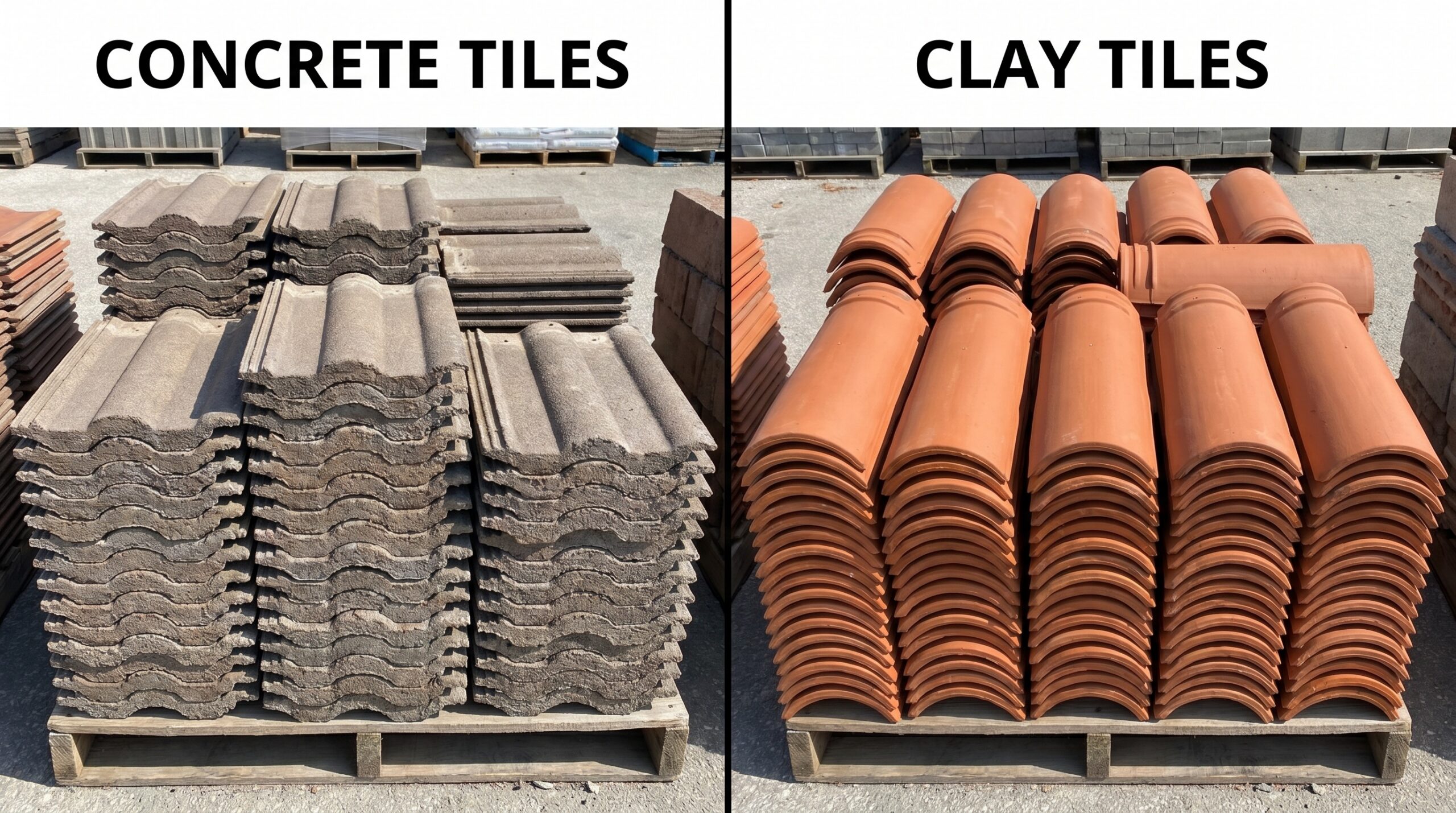 Side by side comparison of concrete and clay roof tiles