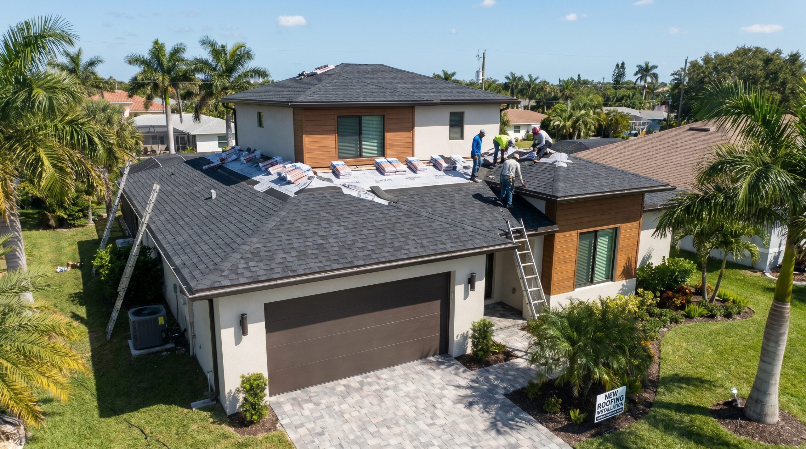 Aerial view of workers installing shingles on the roof of a modern two-story house surrounded by palm trees and neighboring homes on a sunny day.
