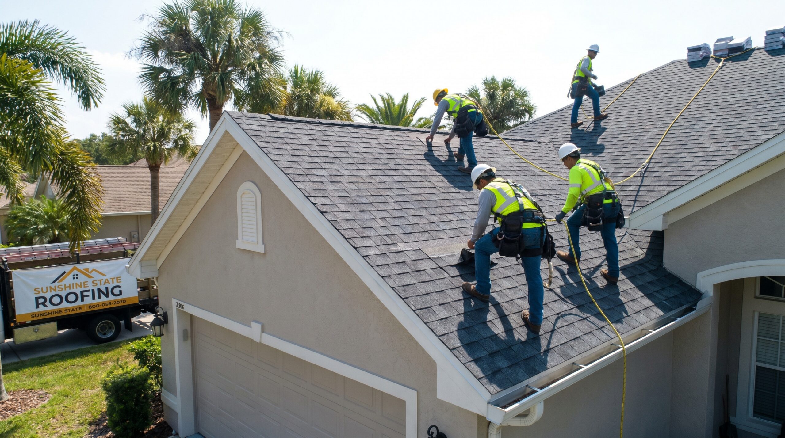 Professional roofing crew installing architectural shingles on Florida home with proper safety equipment