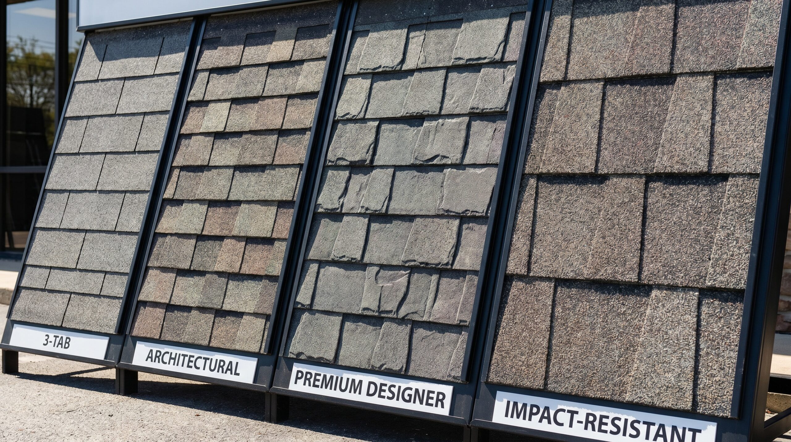 Side-by-side comparison of different asphalt shingle types showing texture and appearance differences