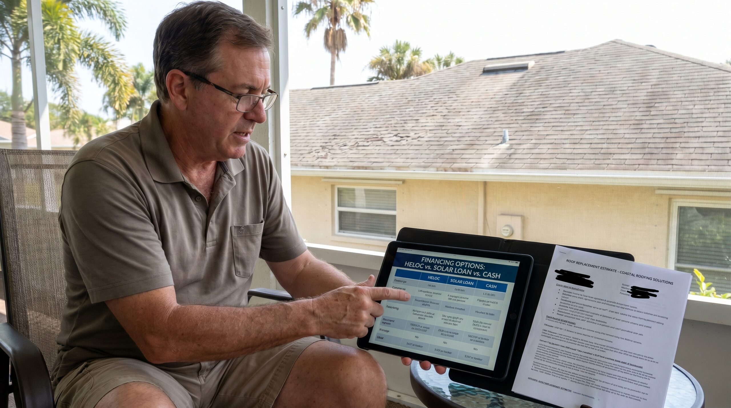 Florida homeowner comparing financing options on tablet with roof replacement estimate