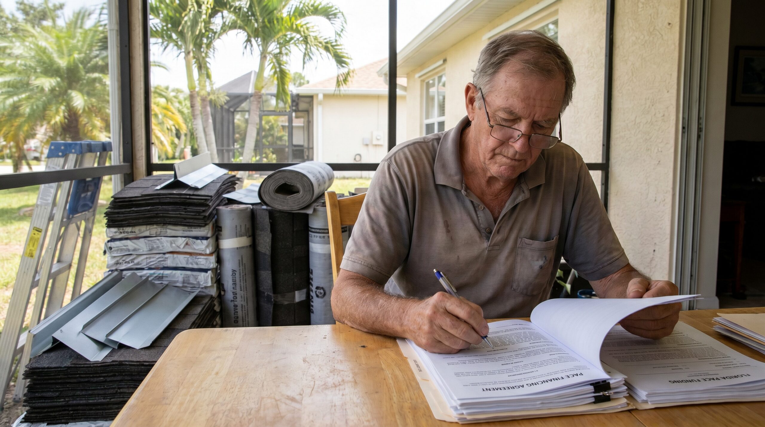 An older man sits at a wooden table, reading and signing documents. Behind him, roofing materials are stacked near a window, with palm trees and houses visible outside.