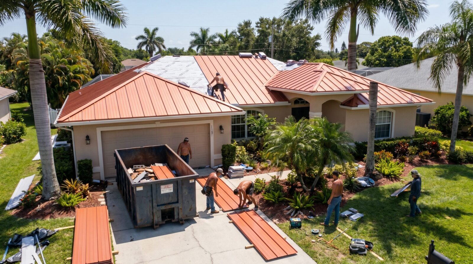 Workers install a new metal roof on a beige house surrounded by palm trees. Some workers are on the roof, while others prepare metal panels on the driveway next to a large dumpster. It’s a sunny day in a residential neighborhood.