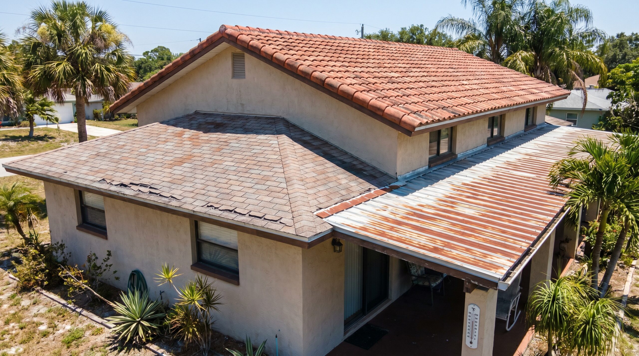 A house with a red tile roof and a rusty metal awning, alongside an older shingle roof. There are palm trees and dry landscaping around the building under a clear sky.