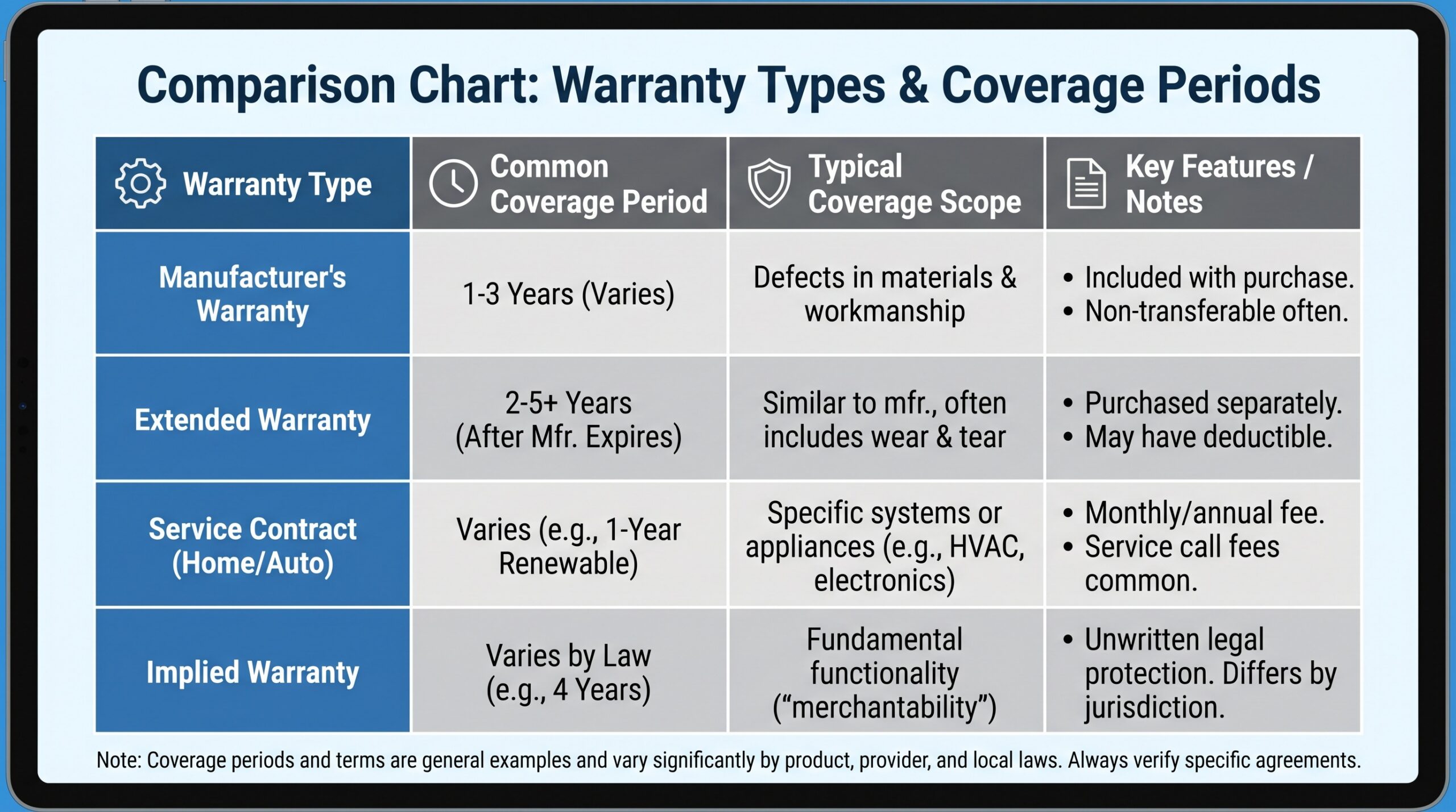 Comparison chart showing different warranty types and coverage periods